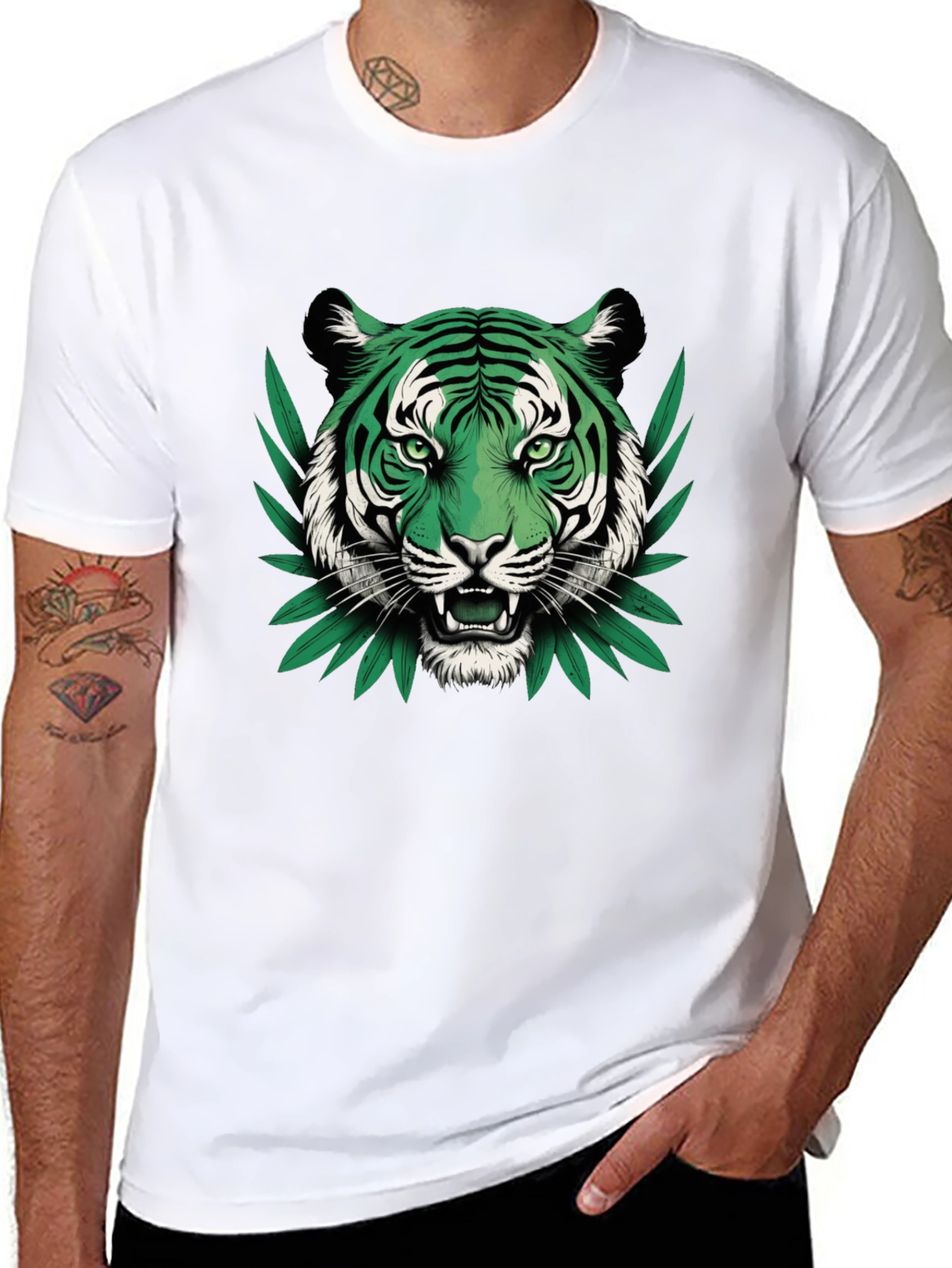 Black Green Tiger Graphic Black T-Shirt view 8
