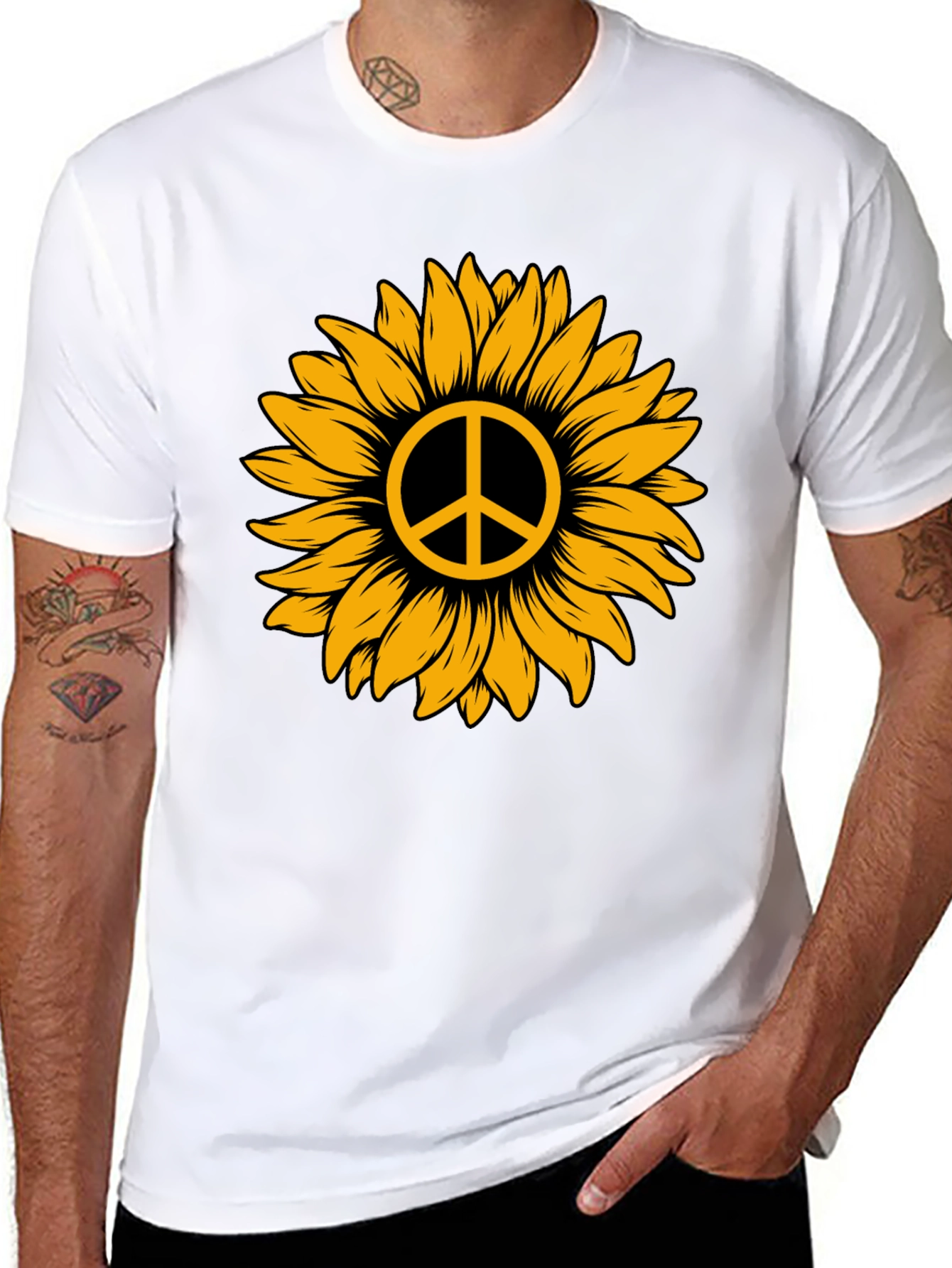 Black Sunflower Peace Sign Graphic Tee - Stylish Comfort view 8