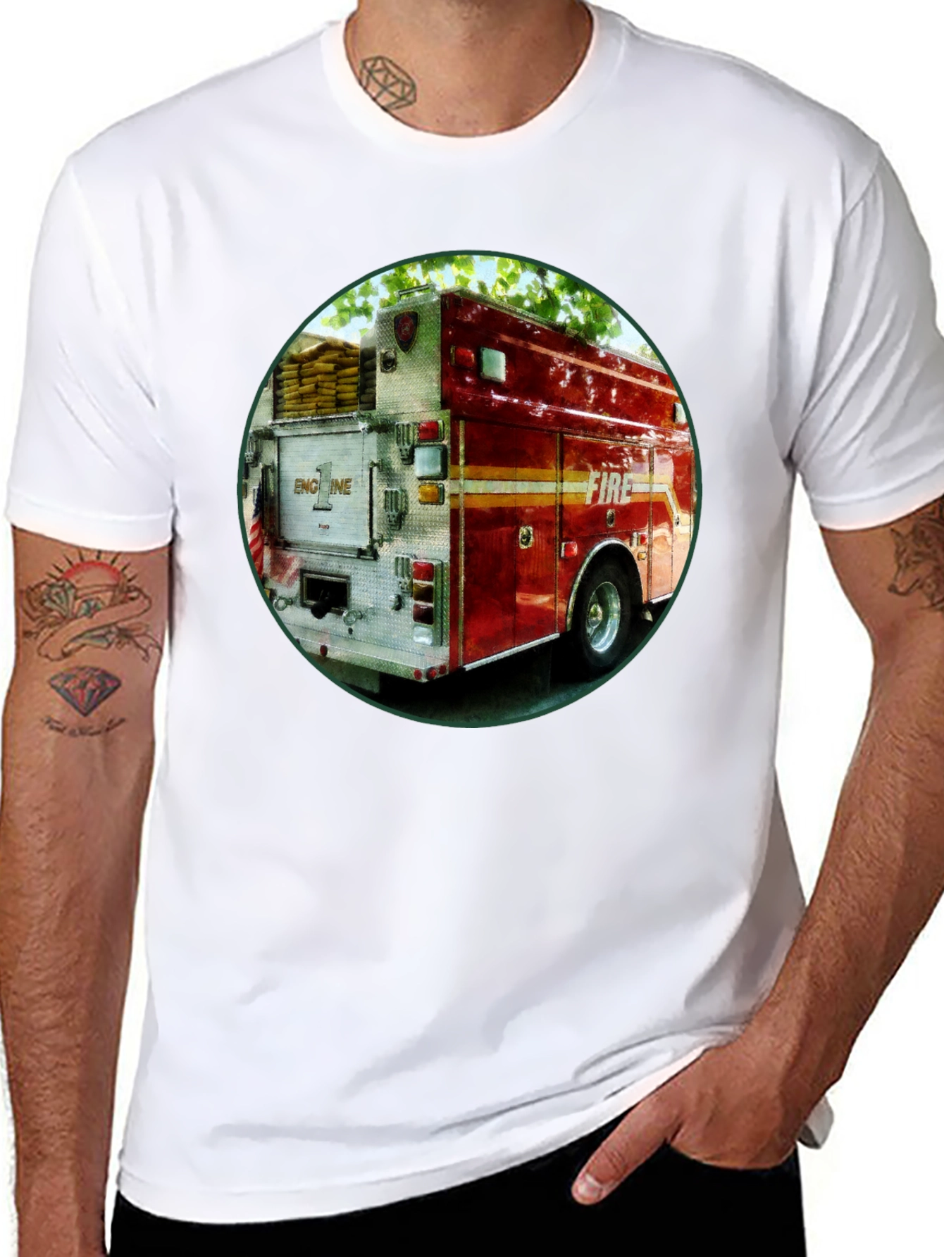 Black Fire Truck Graphic T-Shirt - Black Cotton Tee view 8