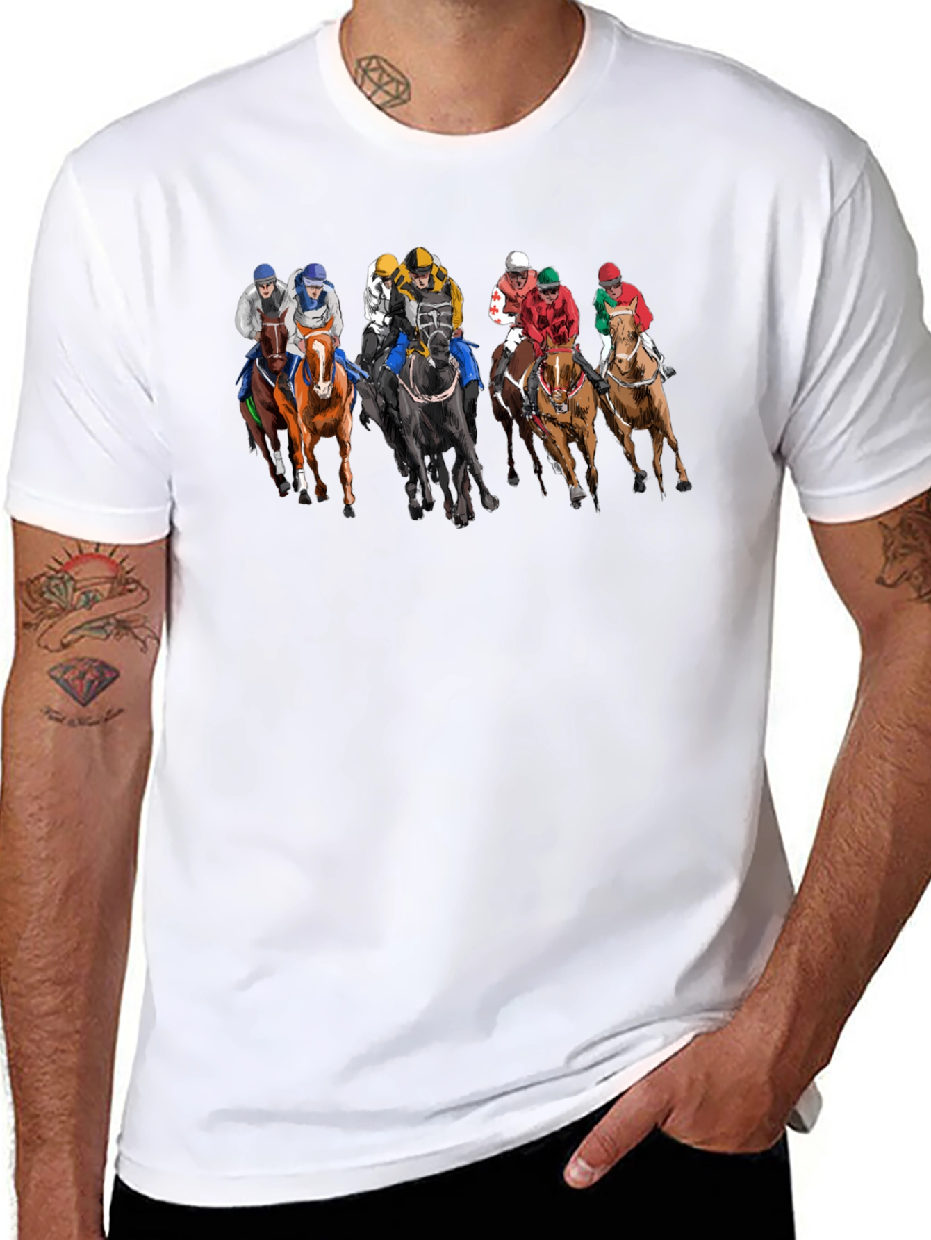 Black Horse Racing Tee - Black Cotton Graphic Print T-Shirt view 8