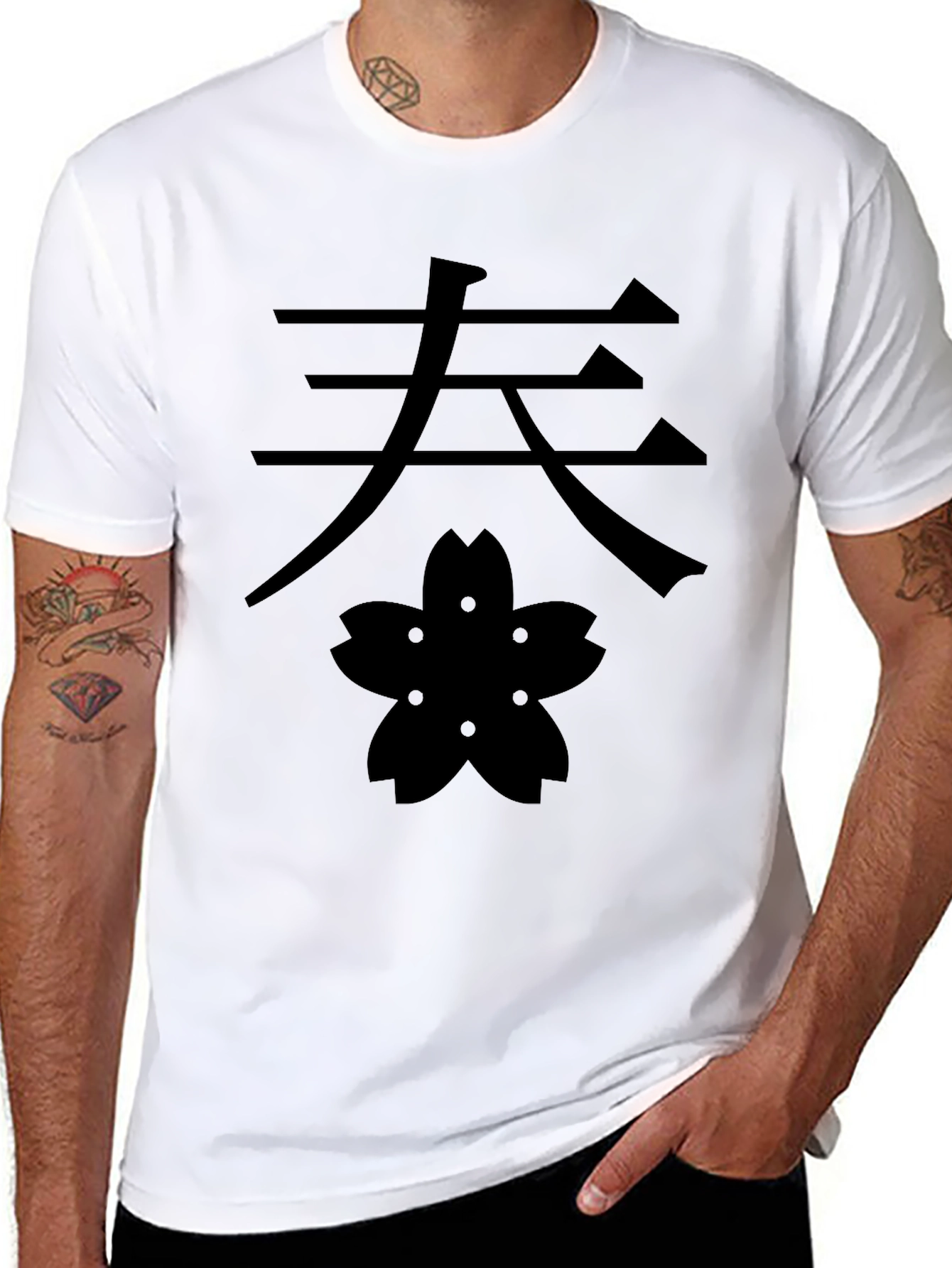 Black Kanji & Blossom Graphic Tee - Black Cotton T-Shirt view 8