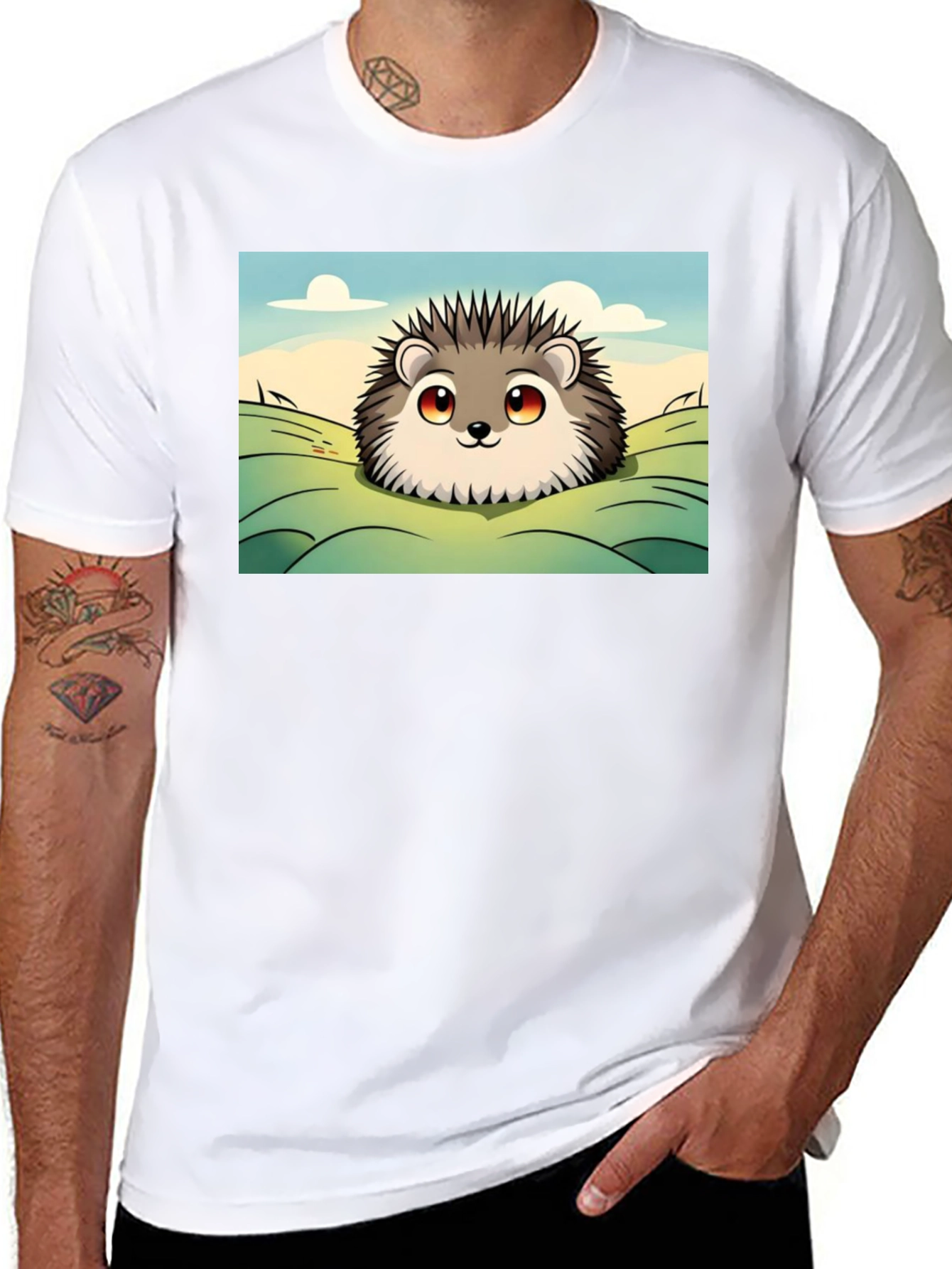 Black Cute Hedgehog Graphic Tee - Black Cotton T-Shirt view 8
