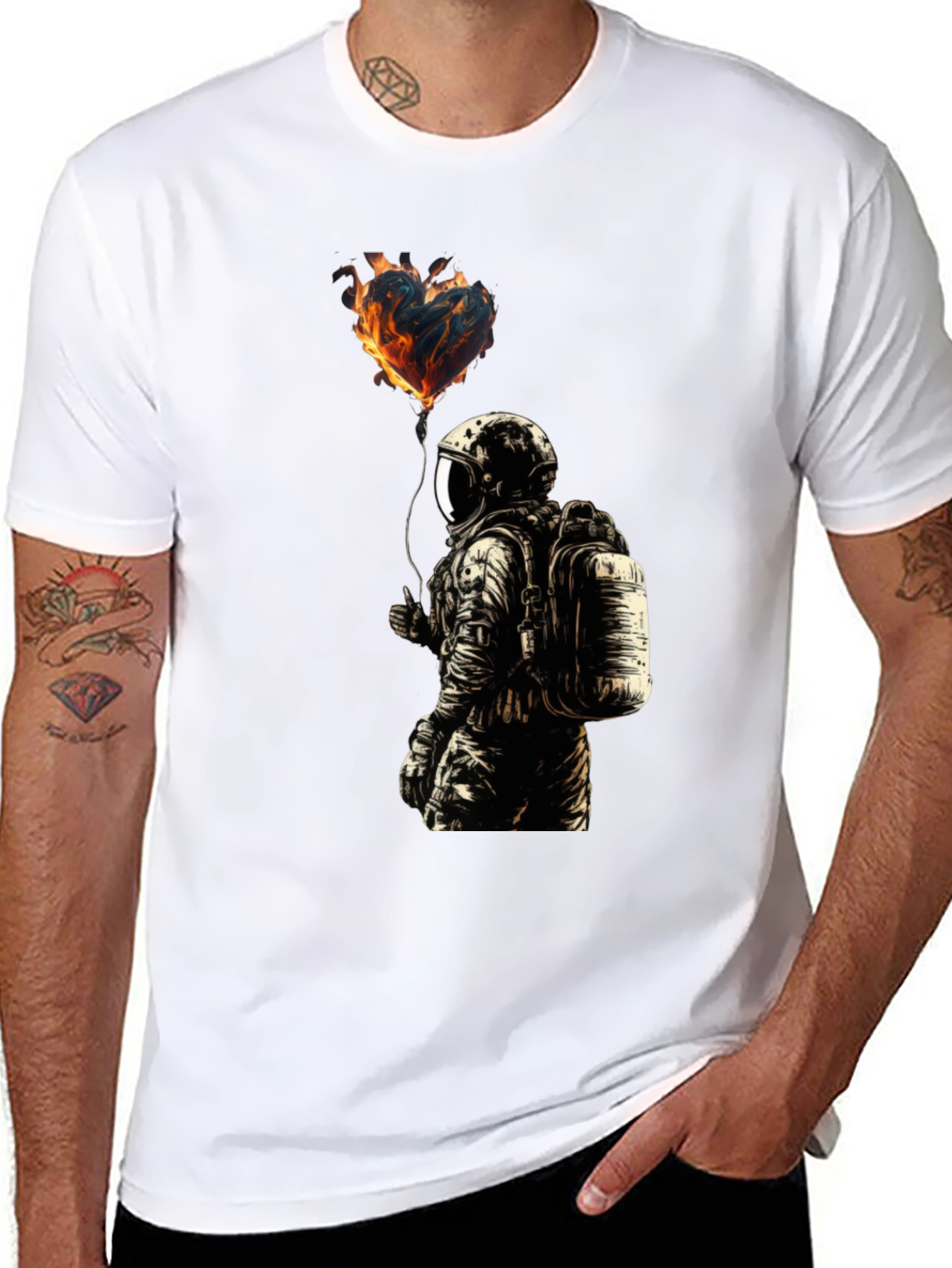 Black Flaming Heart Astronaut Graphic Tee - Black view 8