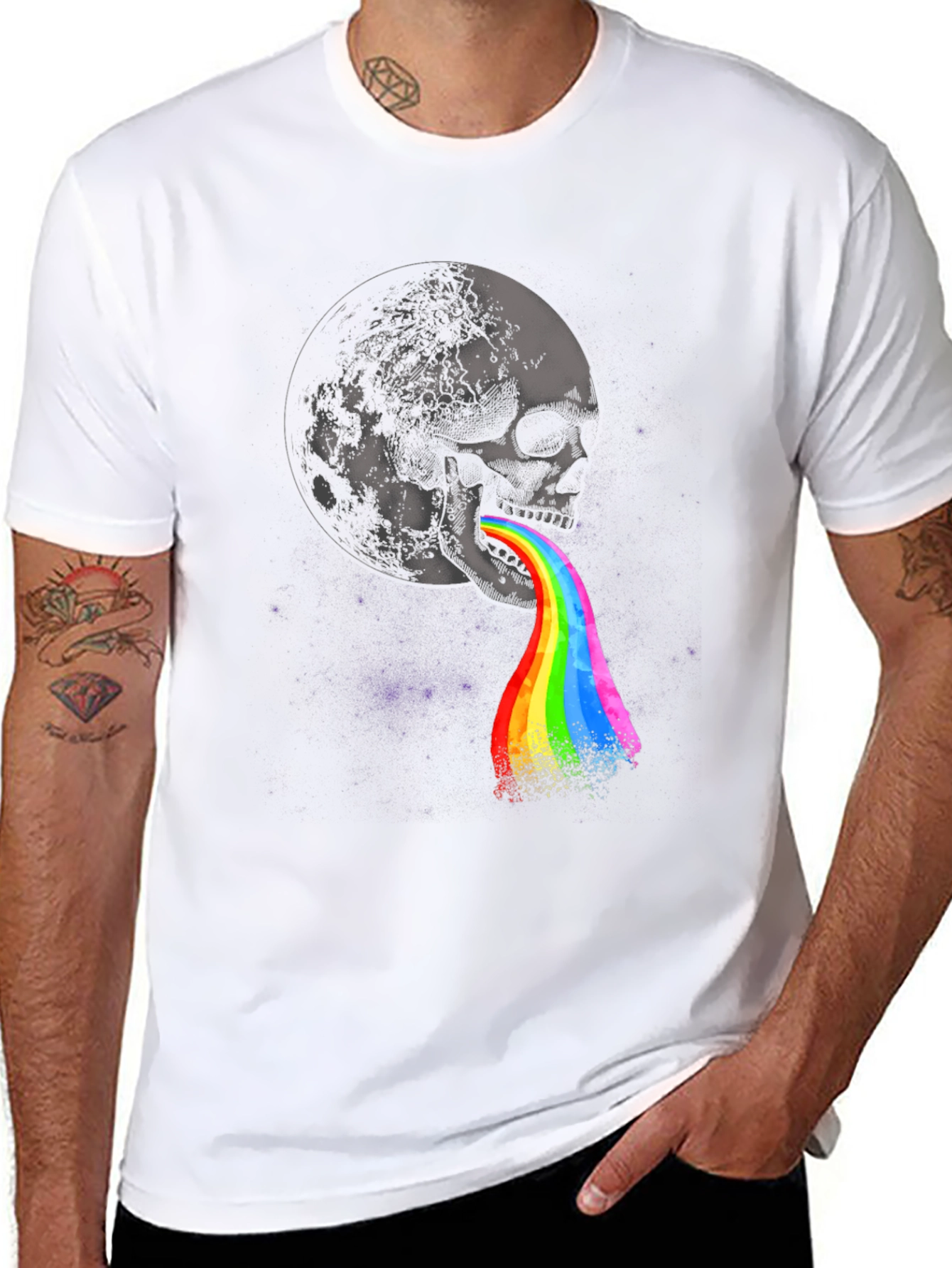 Black Skull & Moon Graphic Print Tee - Colorful Rainbow Vomit Design view 8