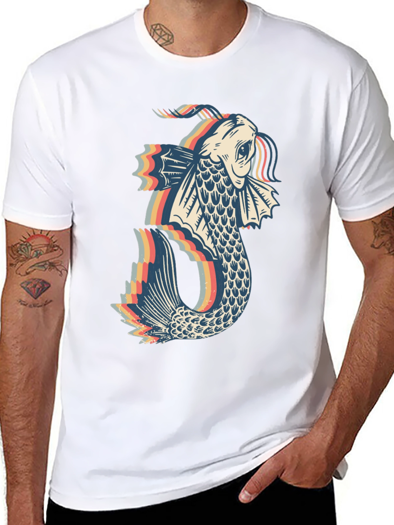 Black Retro Koi Fish Graphic Tee - Black Cotton Blend view 8