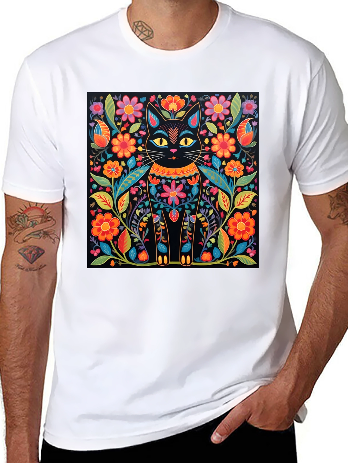 Black Floral Cat Graphic Print Black T-Shirt view 8