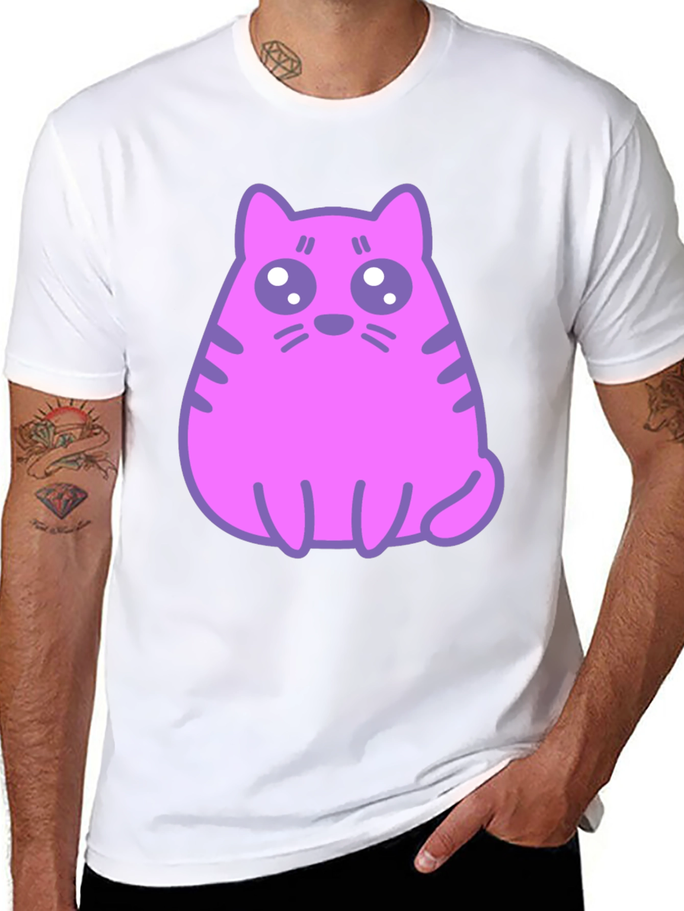 Black Cute Pink Cat Graphic T-Shirt - Black Cotton Blend Tee view 8
