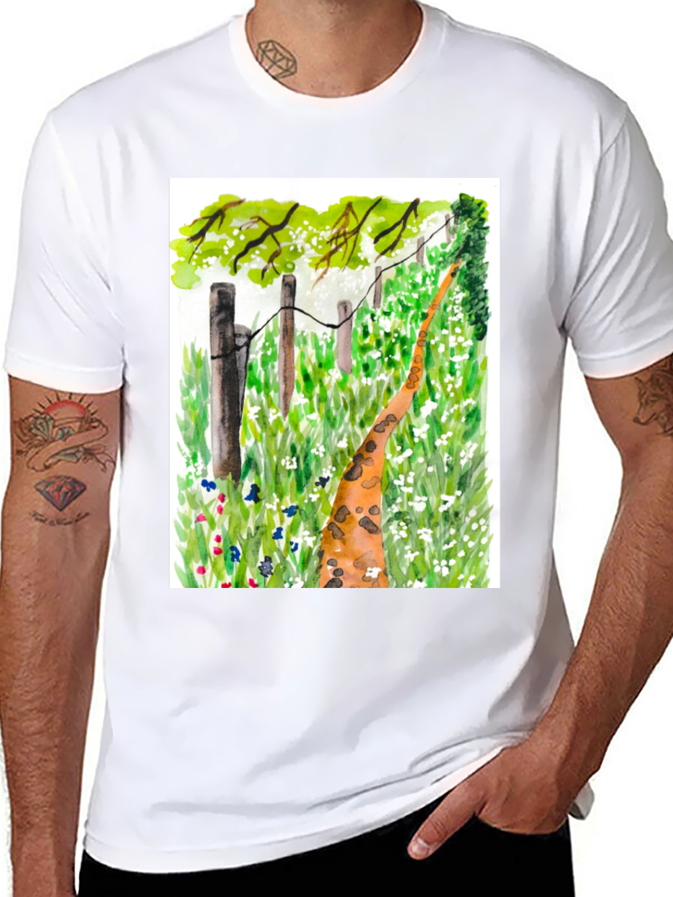 Black Watercolor Meadow Path Black T-Shirt view 8