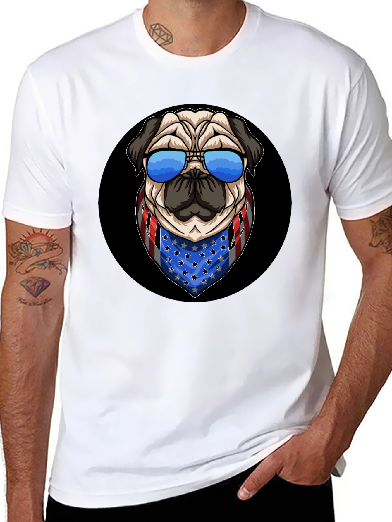 Black Patriotic Pug T-Shirt: USA Flag Bandana & Shades view 8