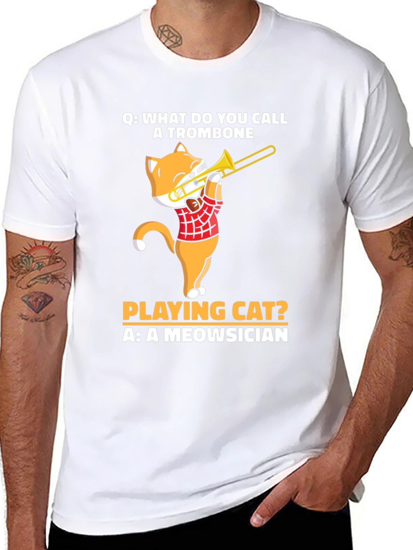 Black Meowsician Trombone Cat T-Shirt view 8