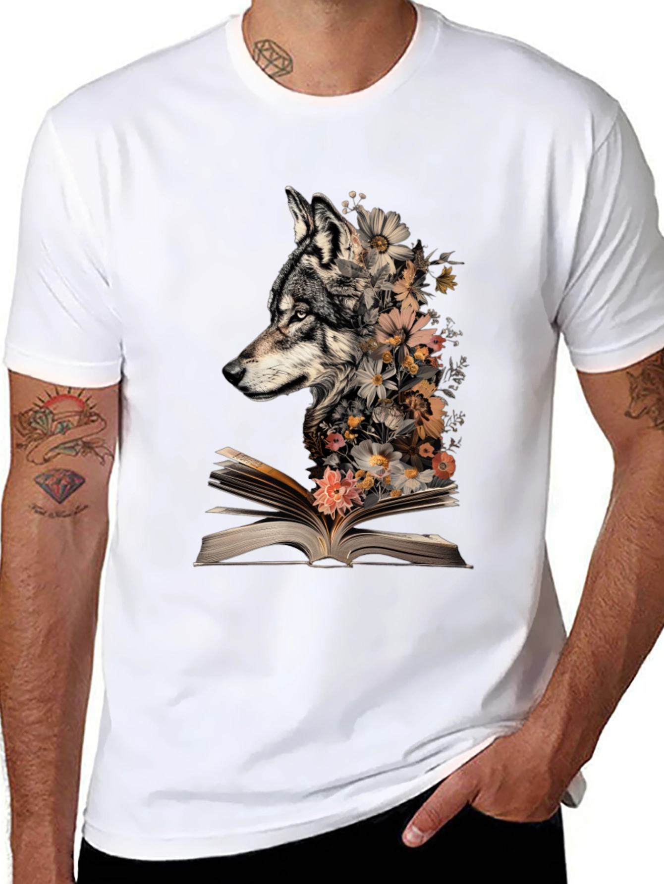 Black Wolf & Floral Book T-Shirt view 8