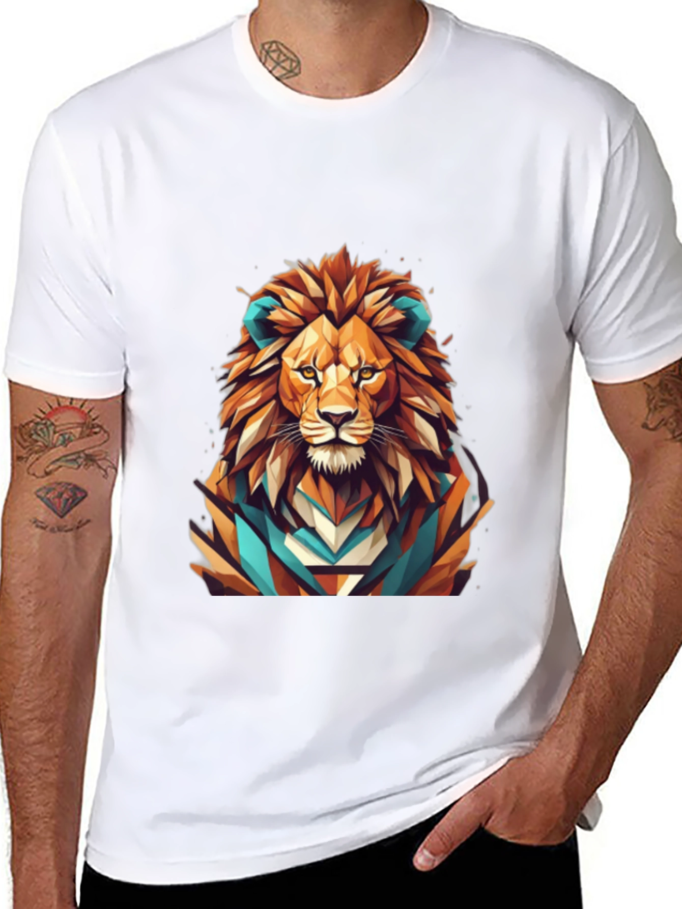 Black Geometric Lion Graphic Tee - Men's Black T-Shirt view 8