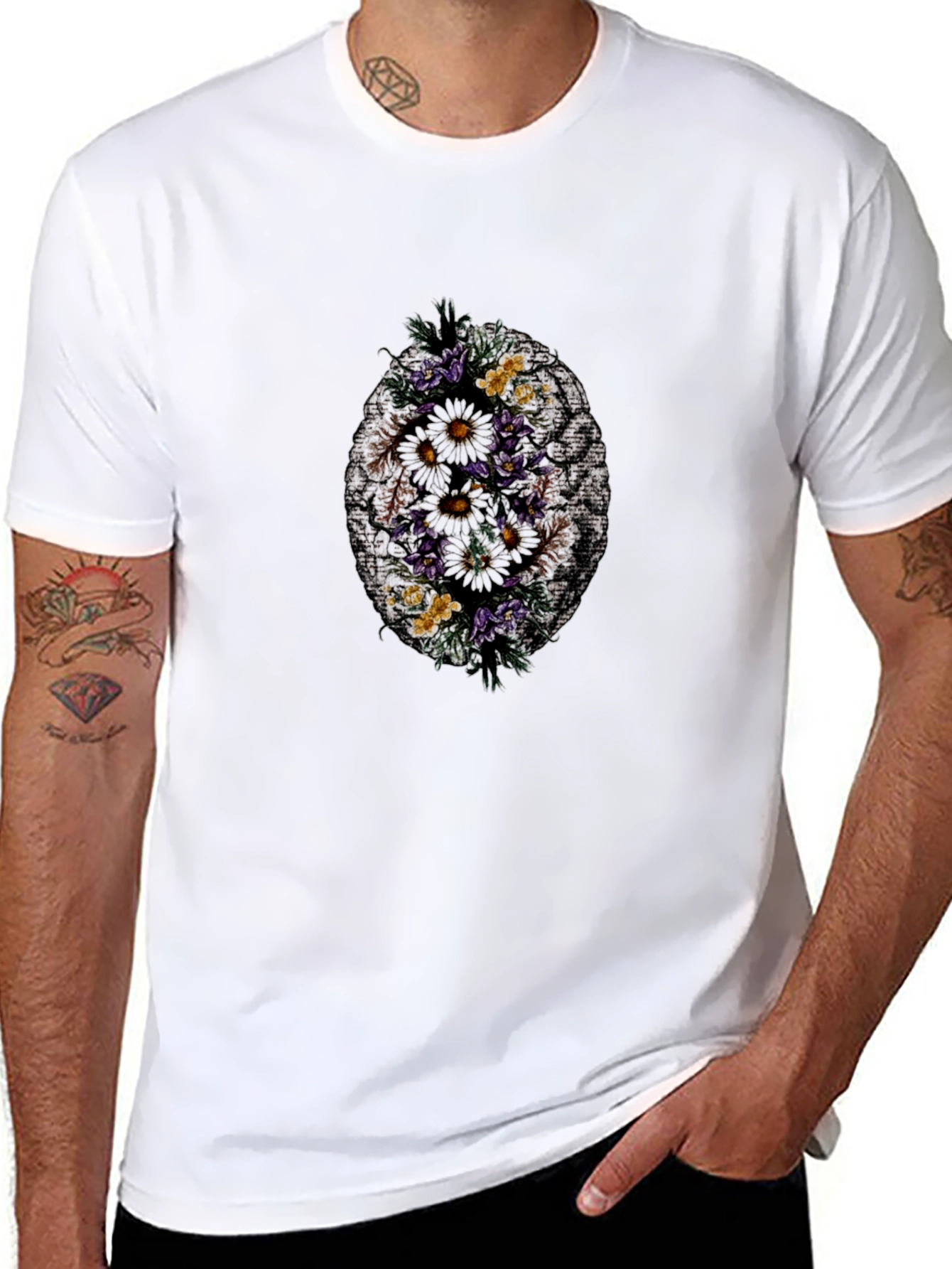 Black Floral Skull Print Black T-Shirt view 8