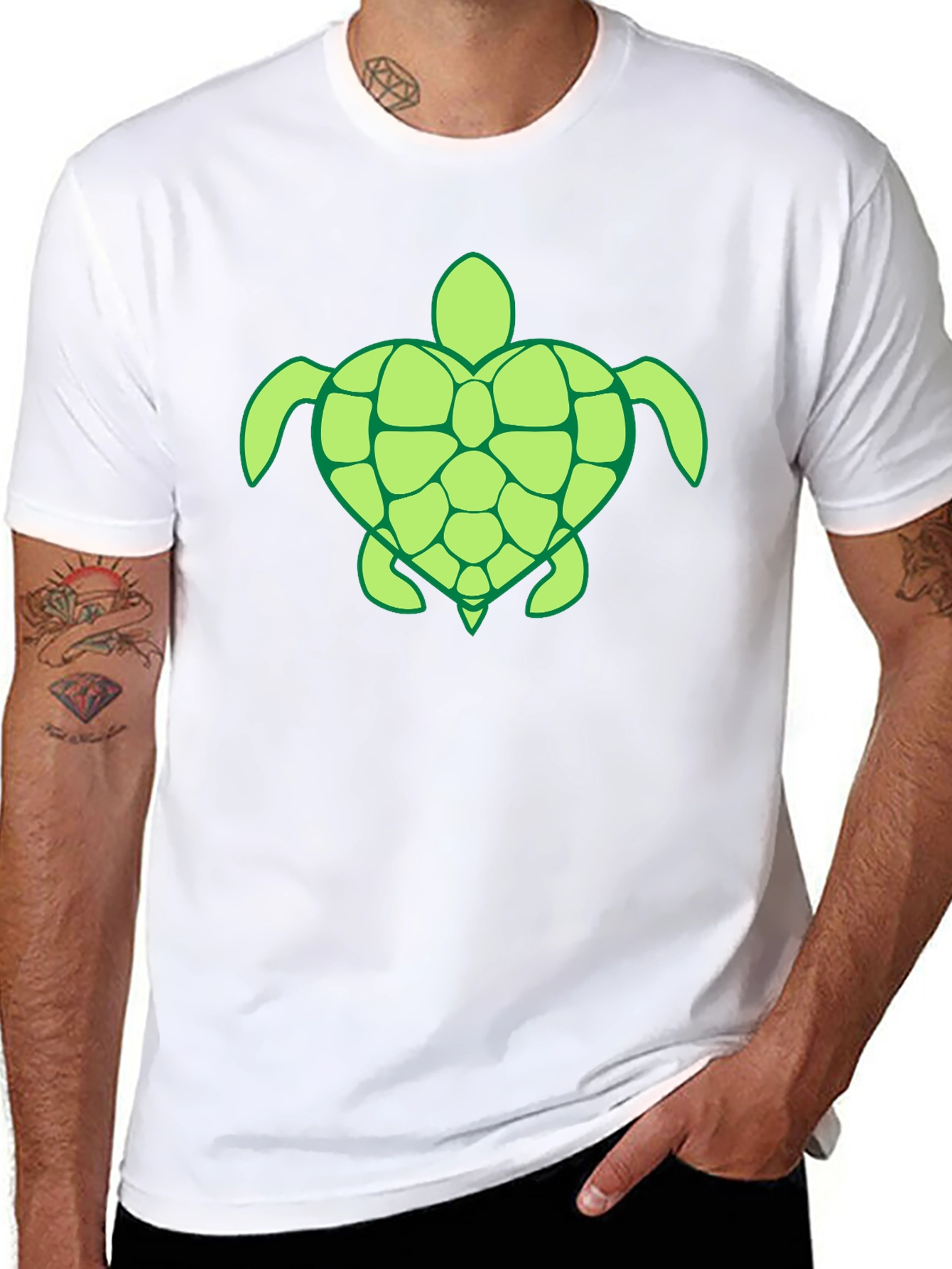Black Men's Black T-Shirt with Green Turtle Design view 8