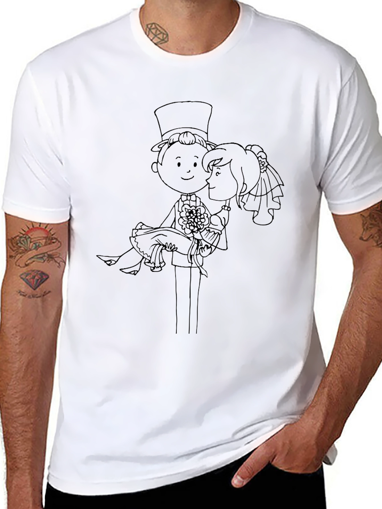 Black Cartoon Wedding Graphic Tee - Black Cotton Shirt view 8