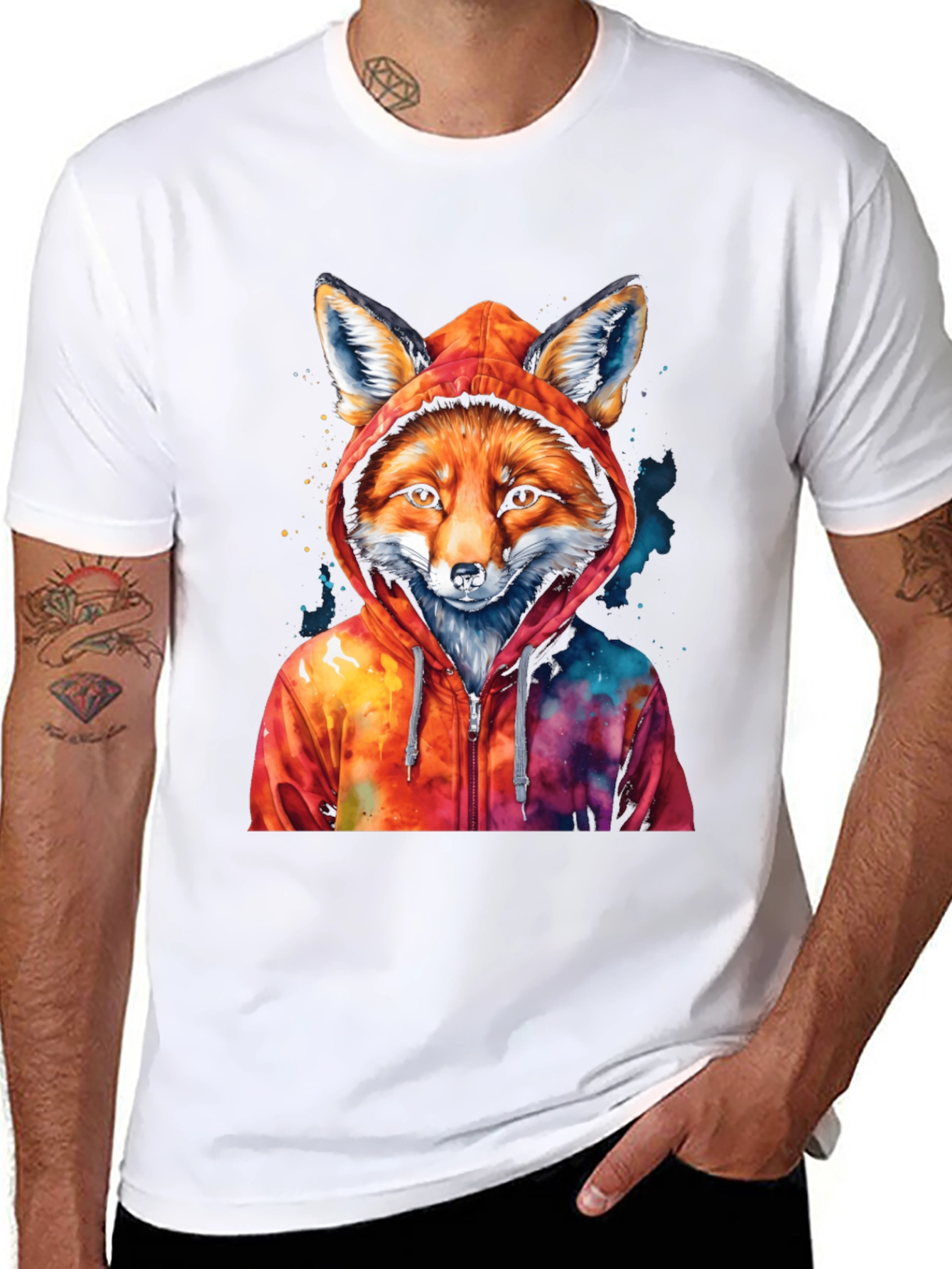 Fox in Hoodie Graphic T-Shirt - Cool Animal Tee - 8