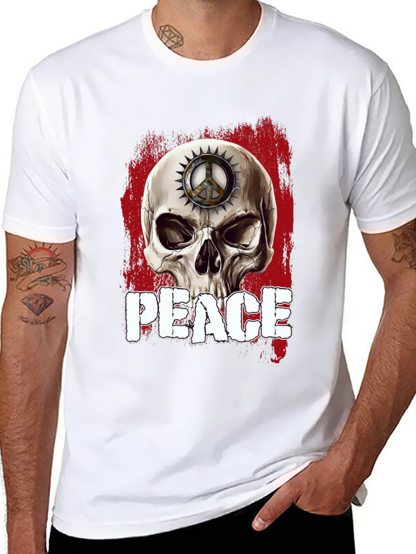 Black Skull Peace Sign Graphic T-Shirt view 8