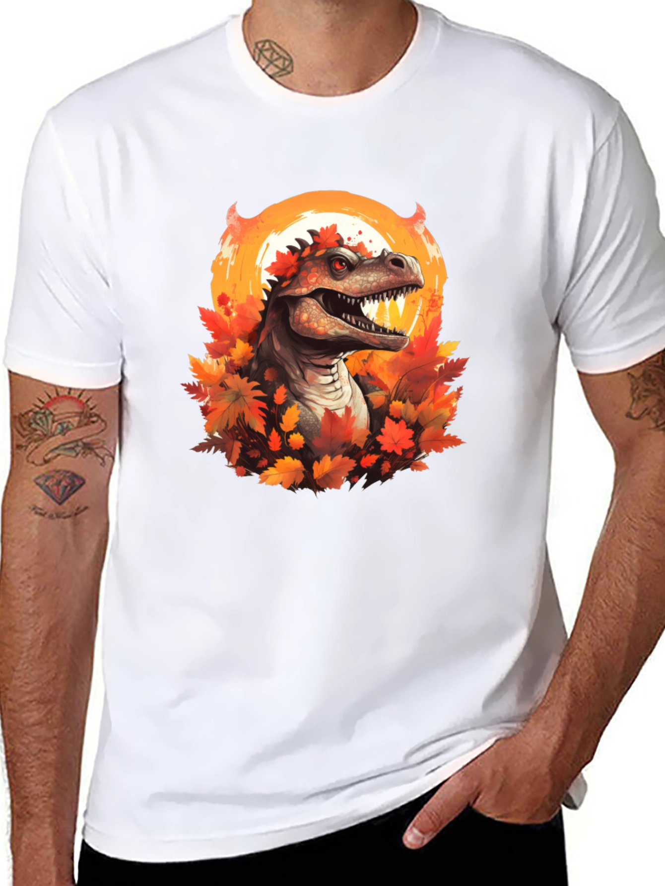 Black Dinosaur in Autumn T-Shirt view 8