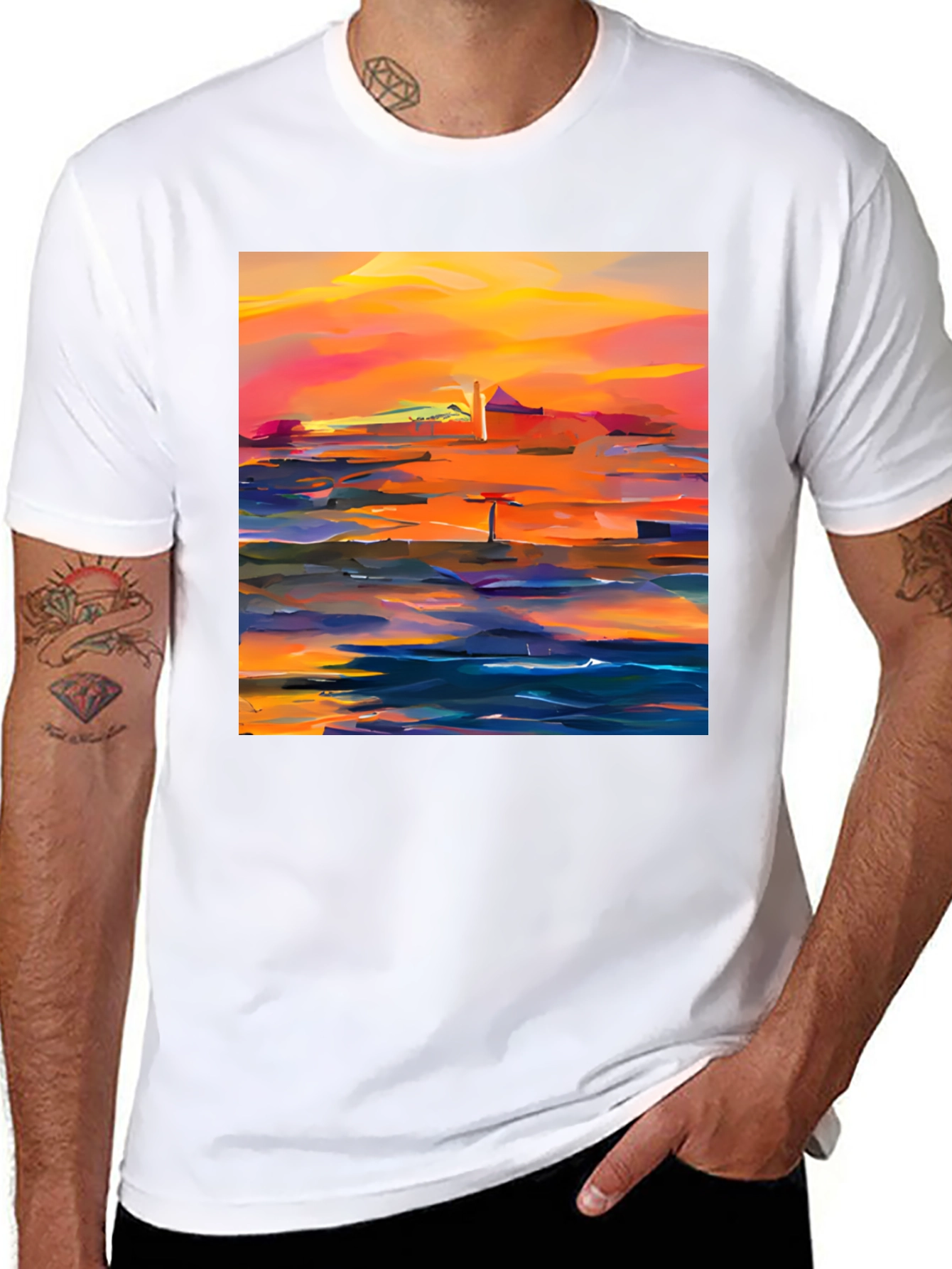 Black Abstract Sunset Graphic Tee - Stylish Cotton Blend view 8