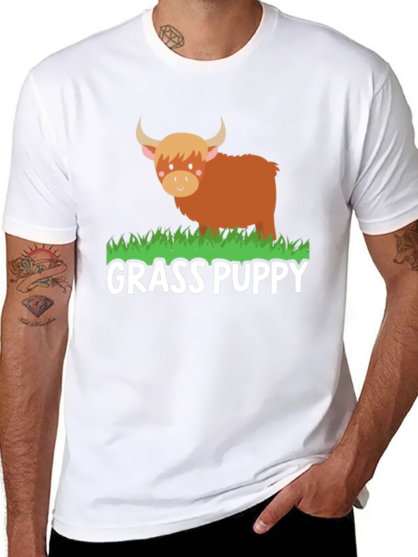 Black Grass Puppy Highland Cow Graphic Tee view 8