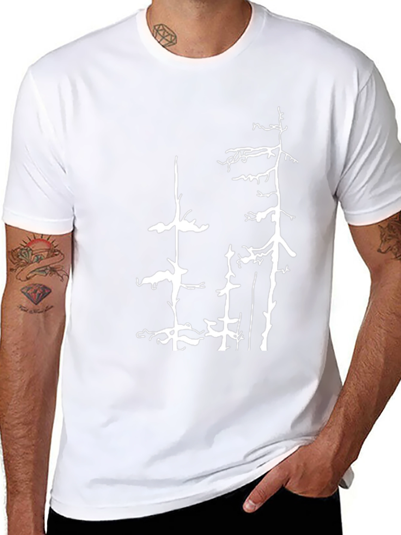 Black T-Shirt with White Forest Tree Design - 8