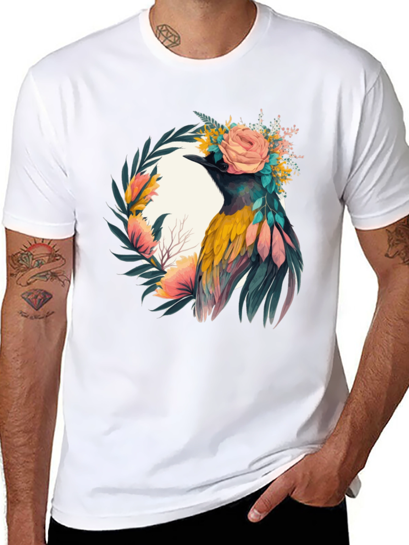 Black Floral Bird Graphic Tee - Unique Design view 8