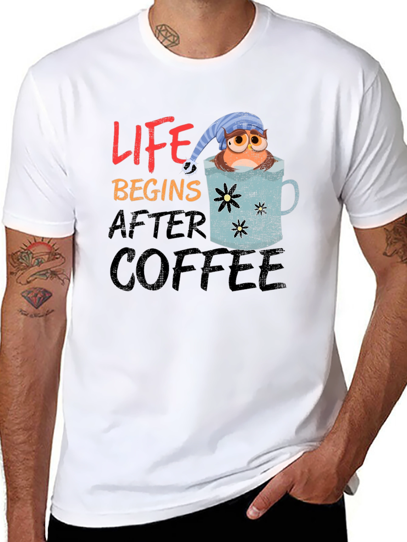 Black Life Begins After Coffee Owl Graphic T-Shirt view 8