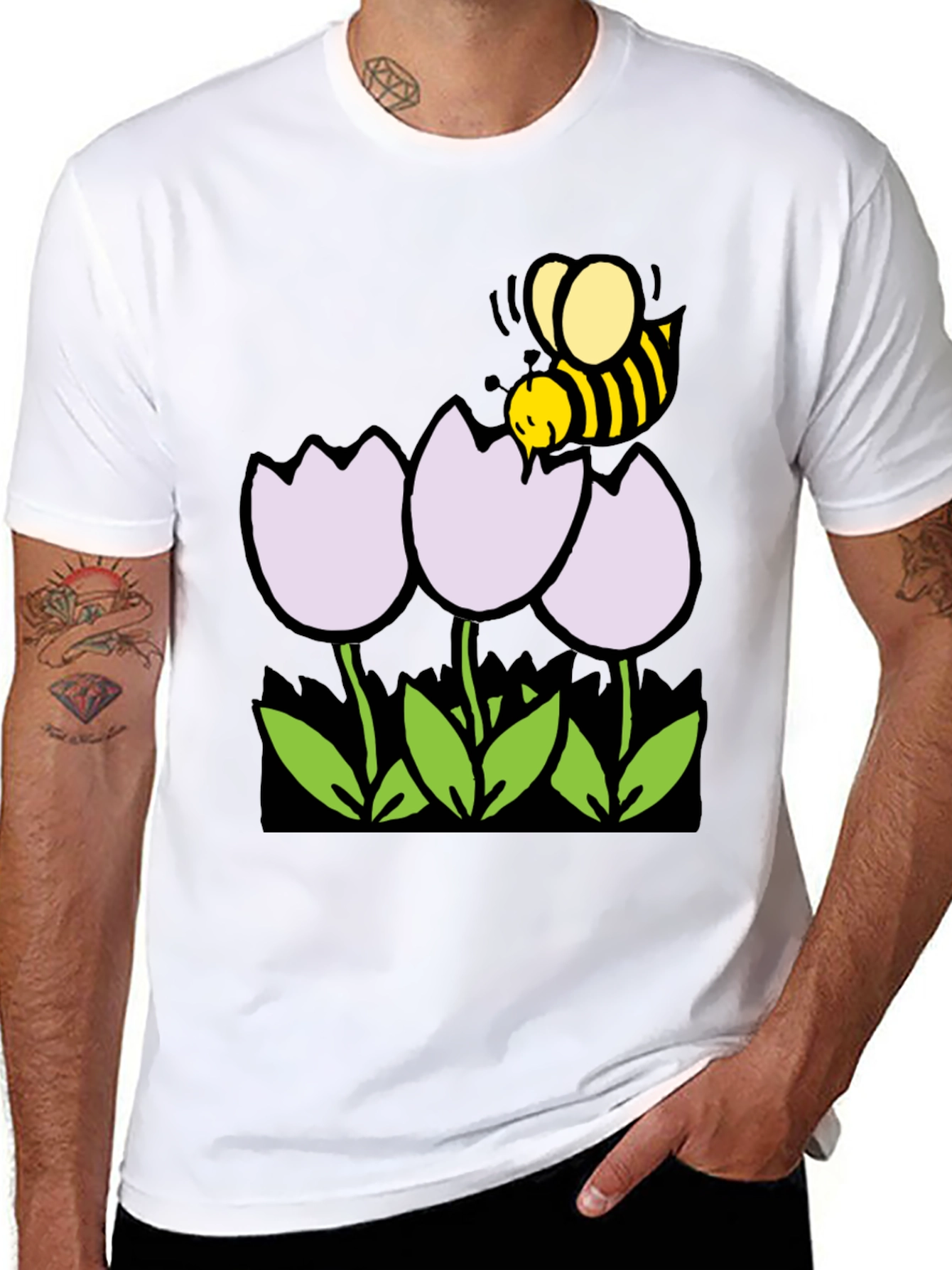 Black Bee and Flowers Graphic T-Shirt - Black Casual Tee view 8