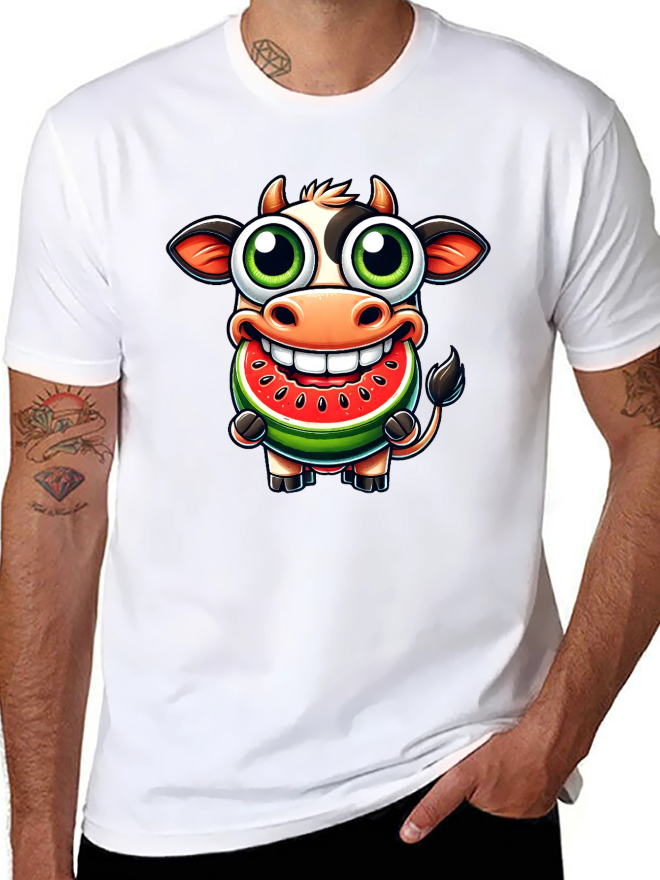 Black Funny Cow Watermelon Cartoon T-Shirt view 8