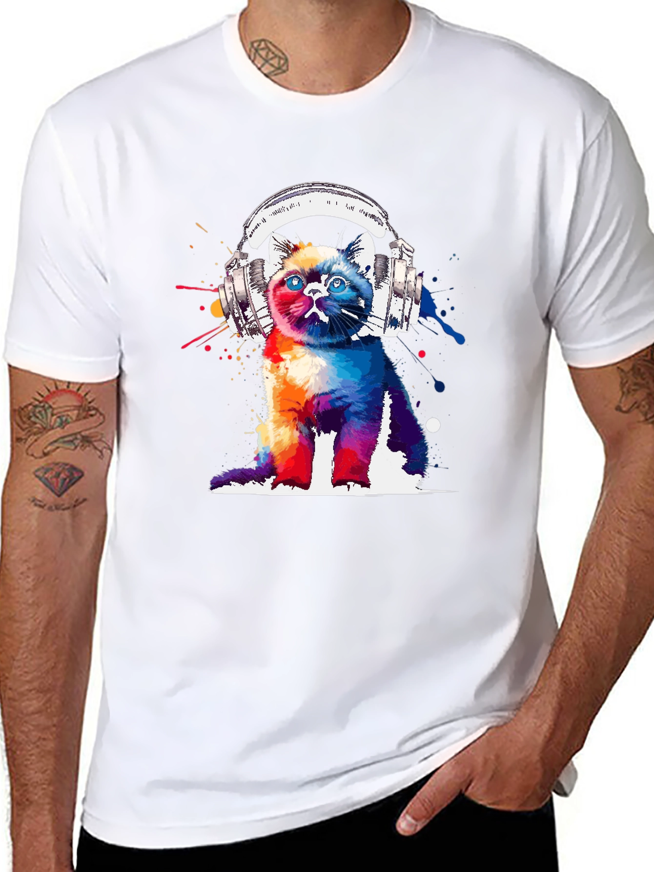 Black Colorful Cat Headphones Graphic T-Shirt view 8