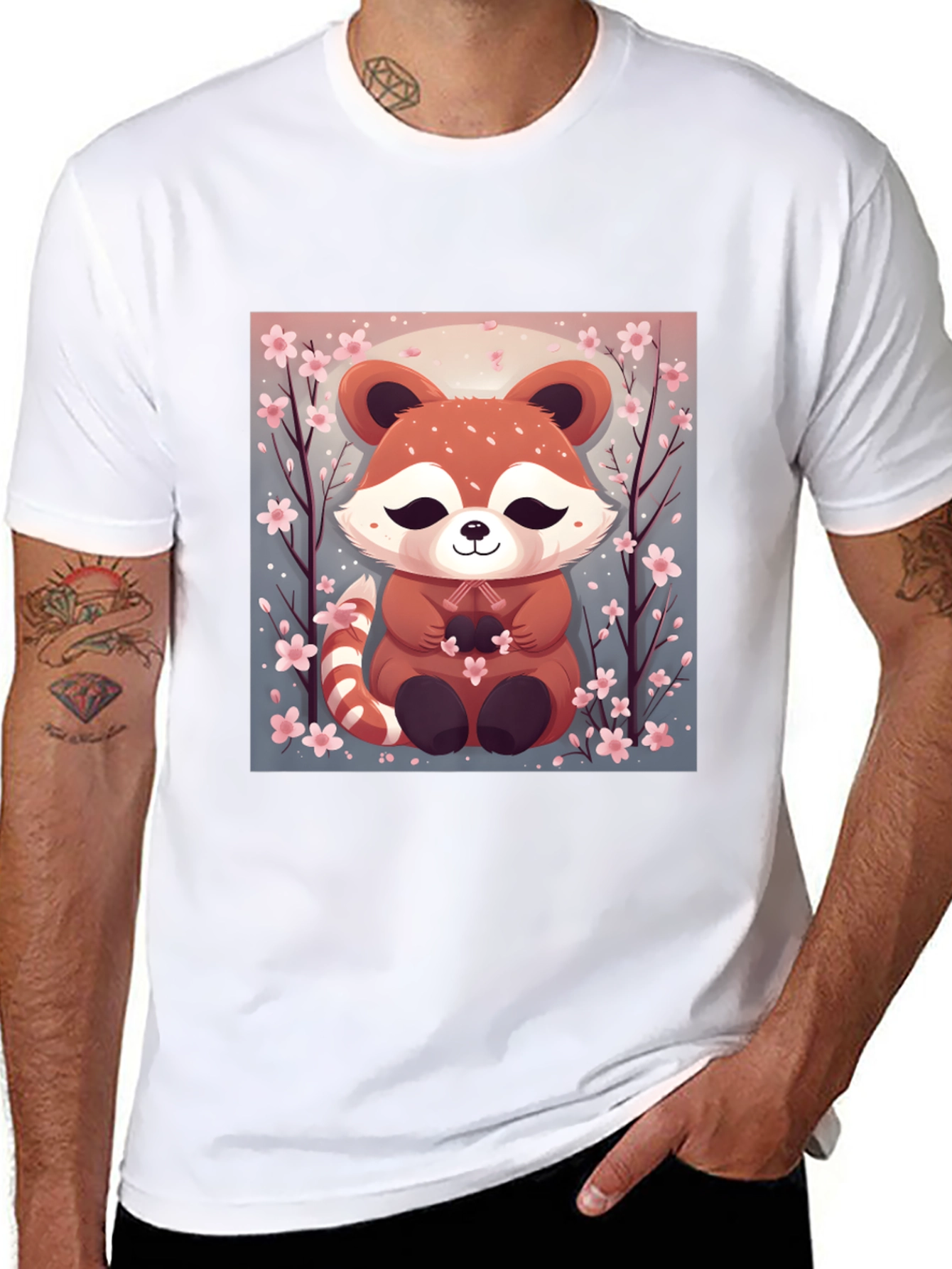 Black Cute Red Panda Cherry Blossom Black T-Shirt view 8