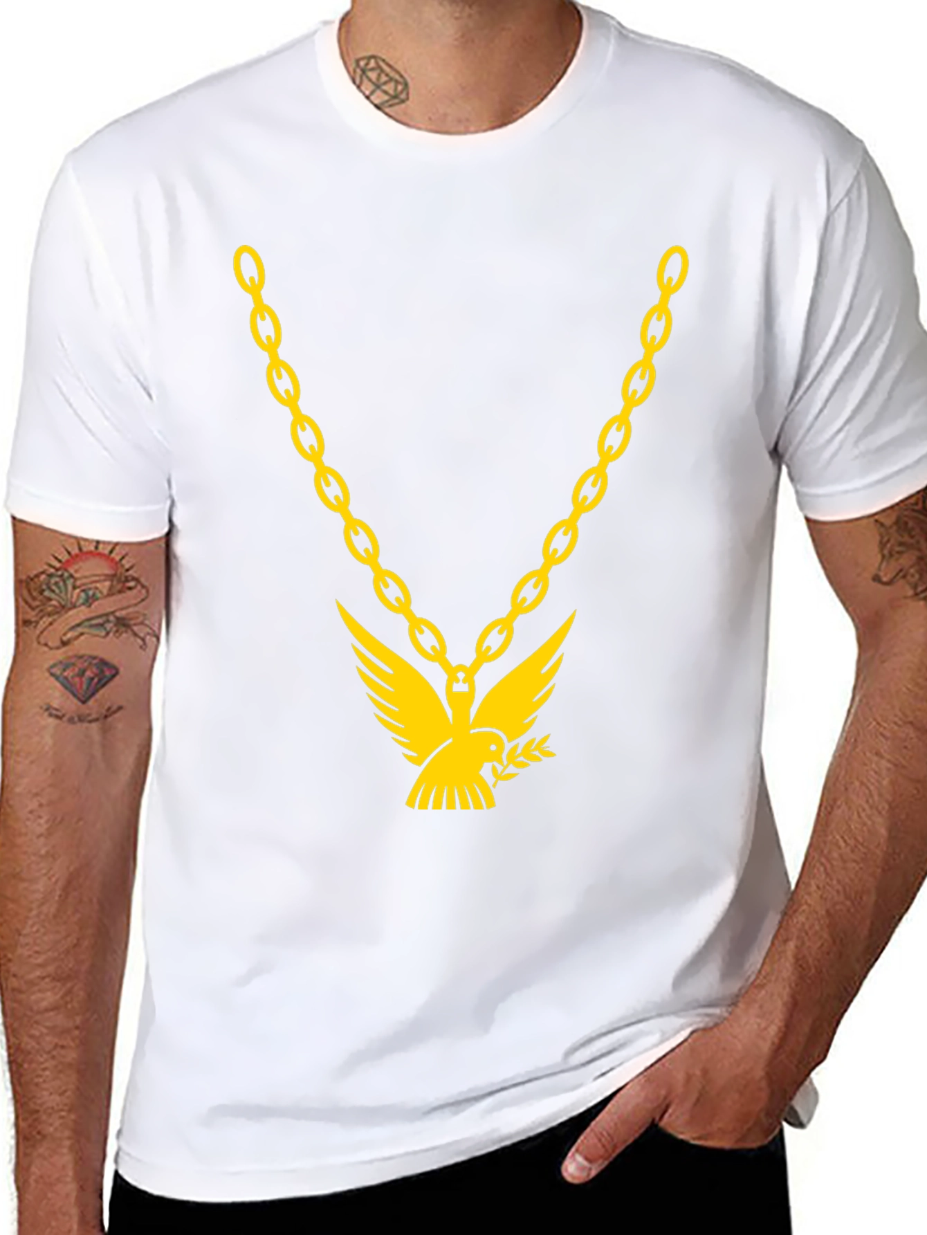 Black Men's Black T-Shirt with Gold Chain & Dove Graphic view 8