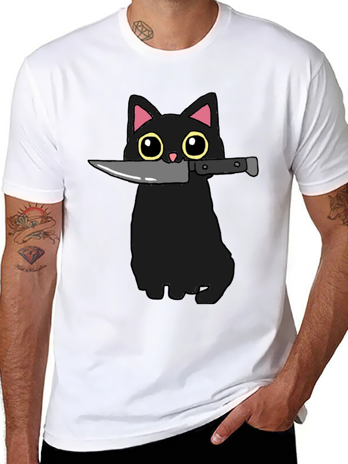 Black Black Cat Knife Graphic T-Shirt - Funny Cat Tee view 8