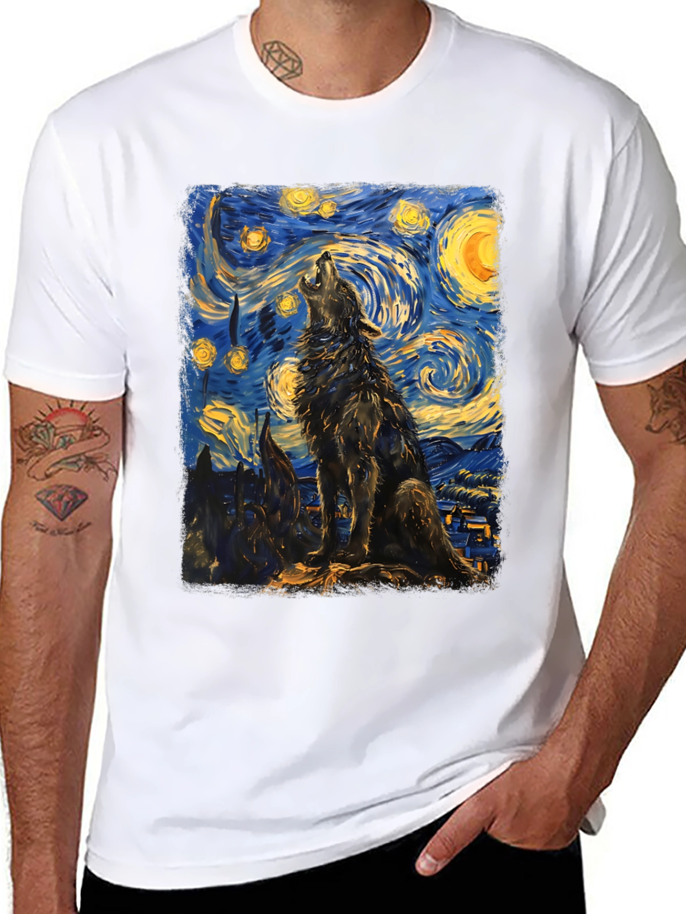 Black Starry Night Wolf Graphic Tee - Unique Artistic Design view 8