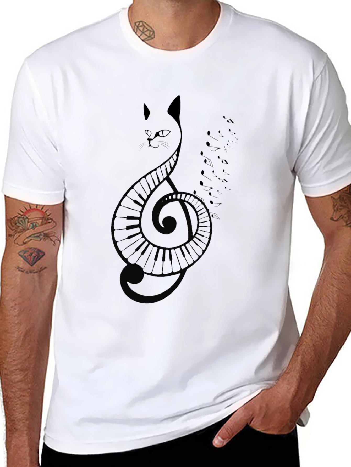 Black Cat Clef Music T-Shirt - Black view 8