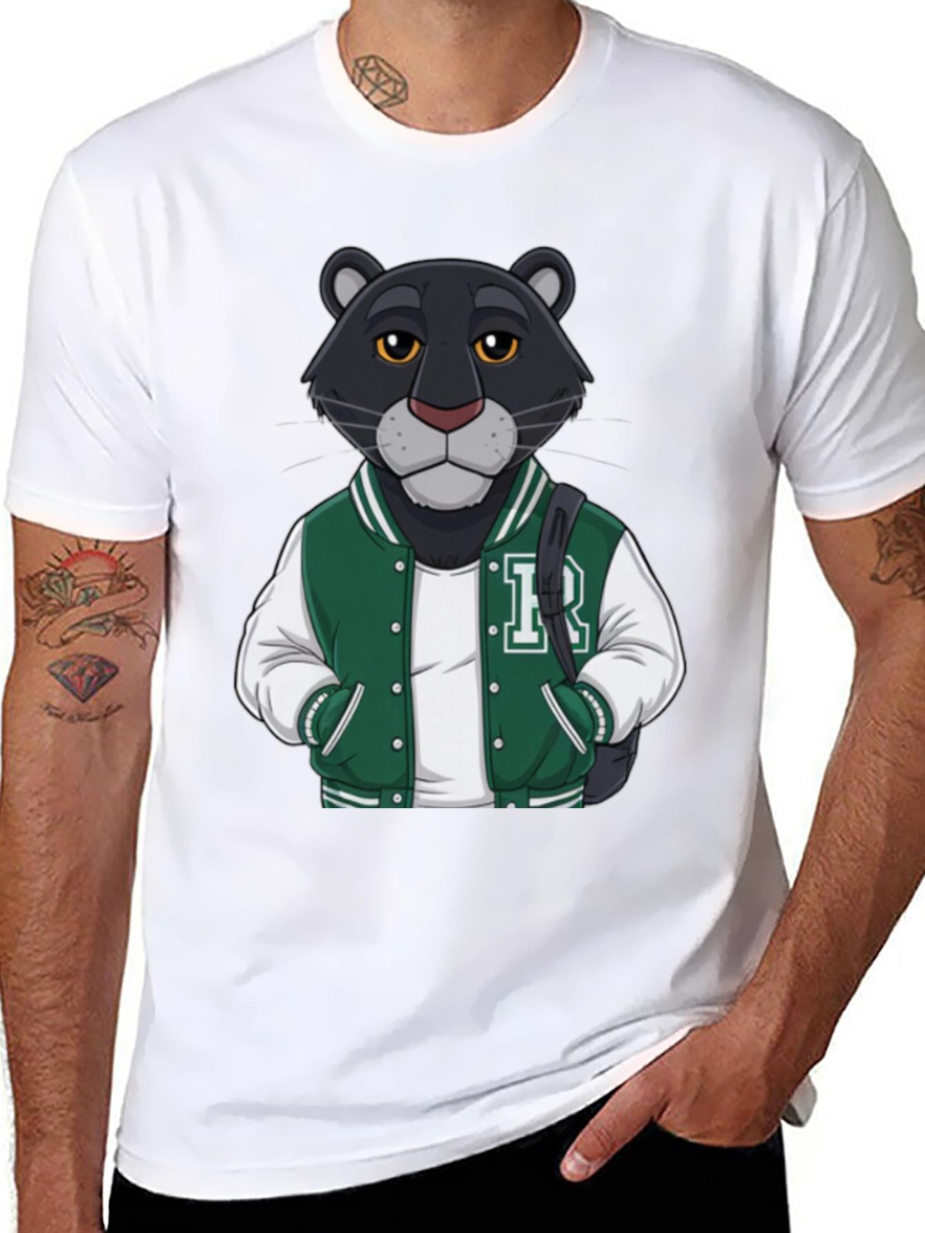 Black Cartoon Panther Varsity Jacket Graphic Tee view 8