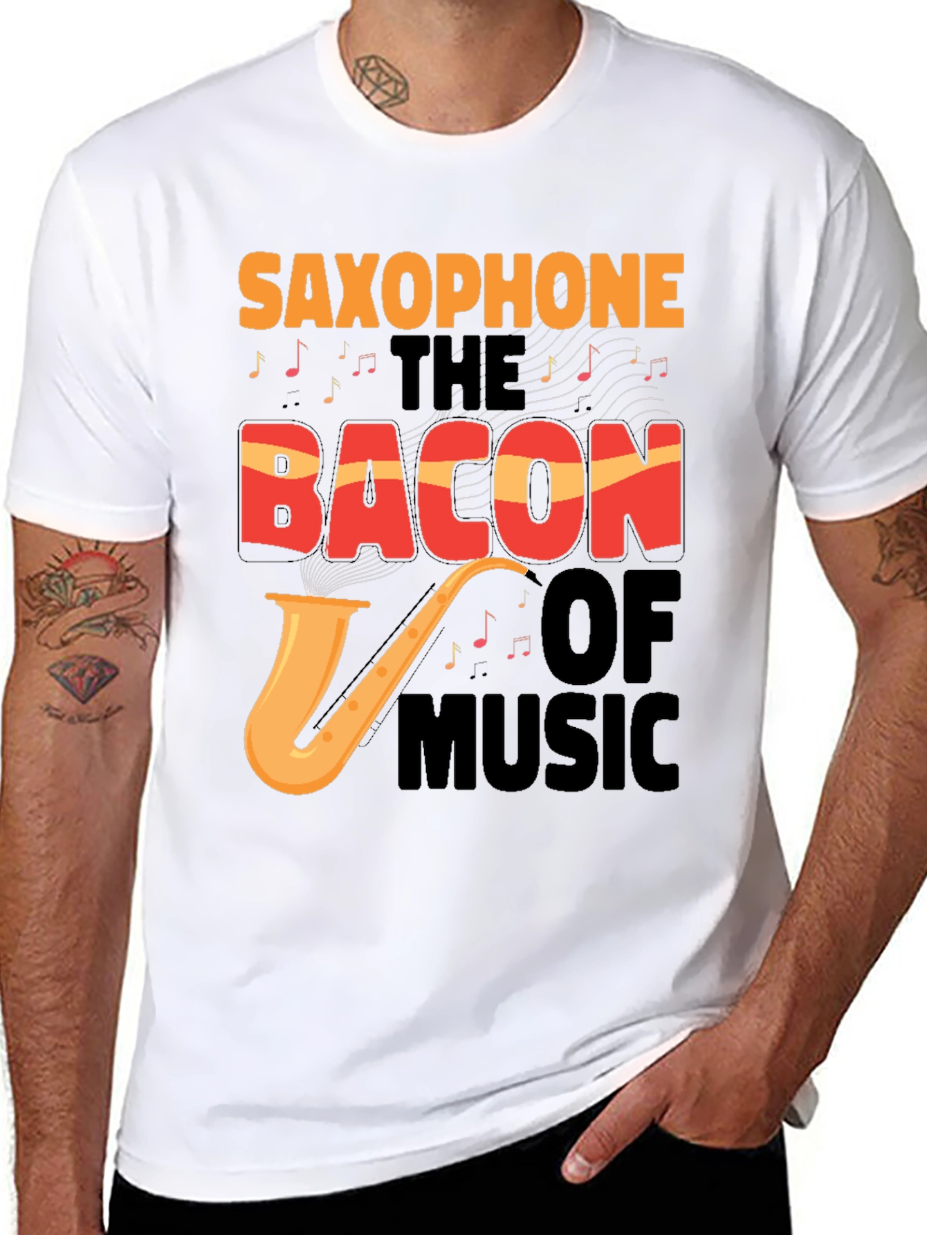 Black Saxophone Bacon of Music Graphic Tee view 8