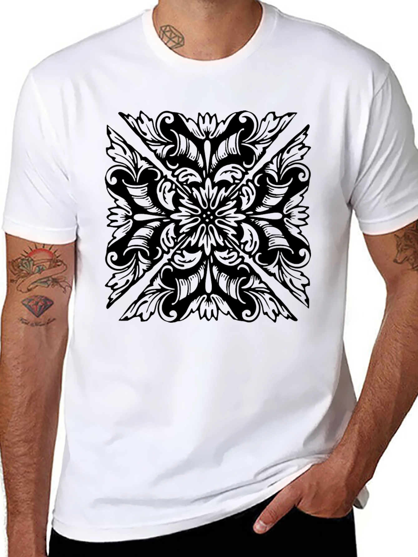 Black Men's Black Floral Pattern T-Shirt view 8