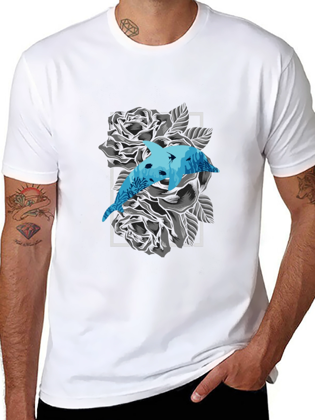 Black Dolphin Rose Graphic Tee - Men's Black T-Shirt view 8