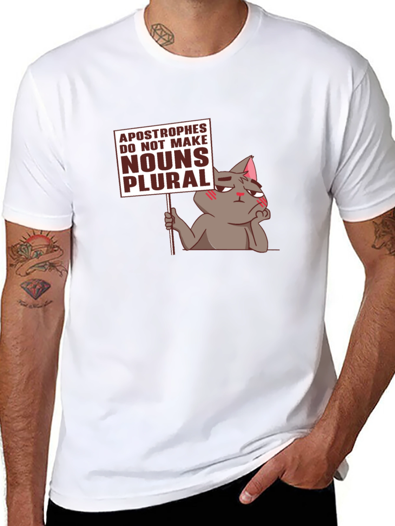 Black Grammar Cat T-Shirt - Apostrophes Do Not Make Nouns Plural Tee view 8