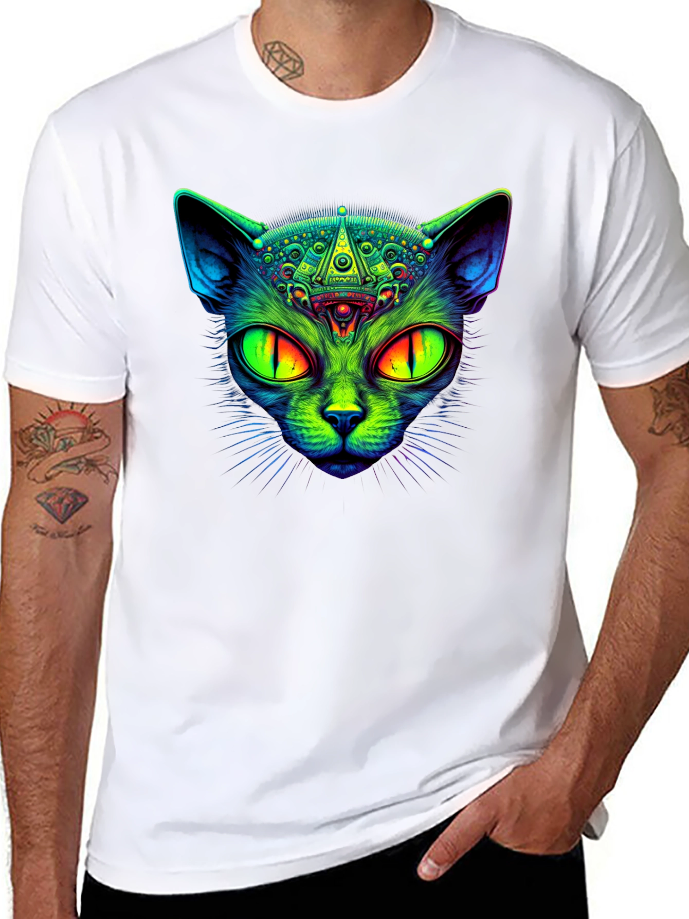 Black Psychedelic Cat Graphic Tee - Black Cotton T-Shirt view 8