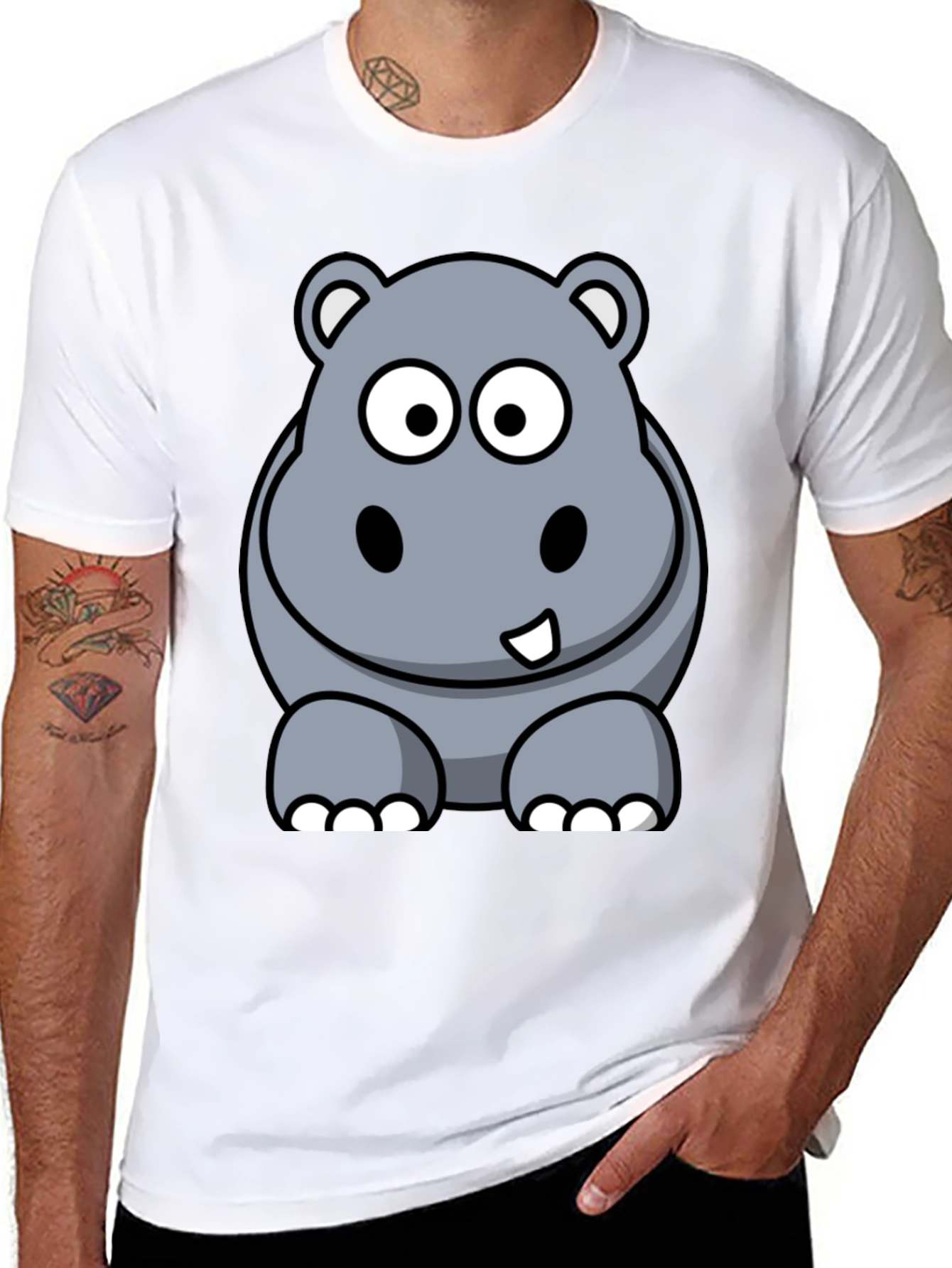 Black Cartoon Hippo Graphic Tee - Black Cotton T-Shirt view 8