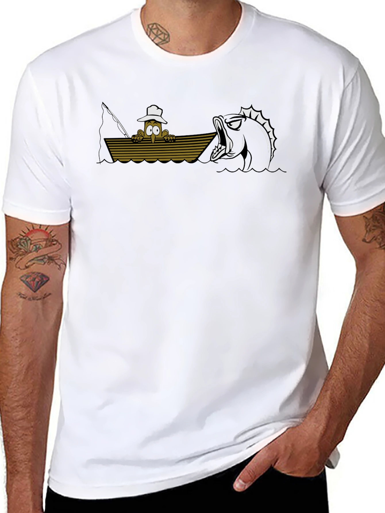 Black Cartoon Fisherman vs Monster Fish Black T-Shirt view 8