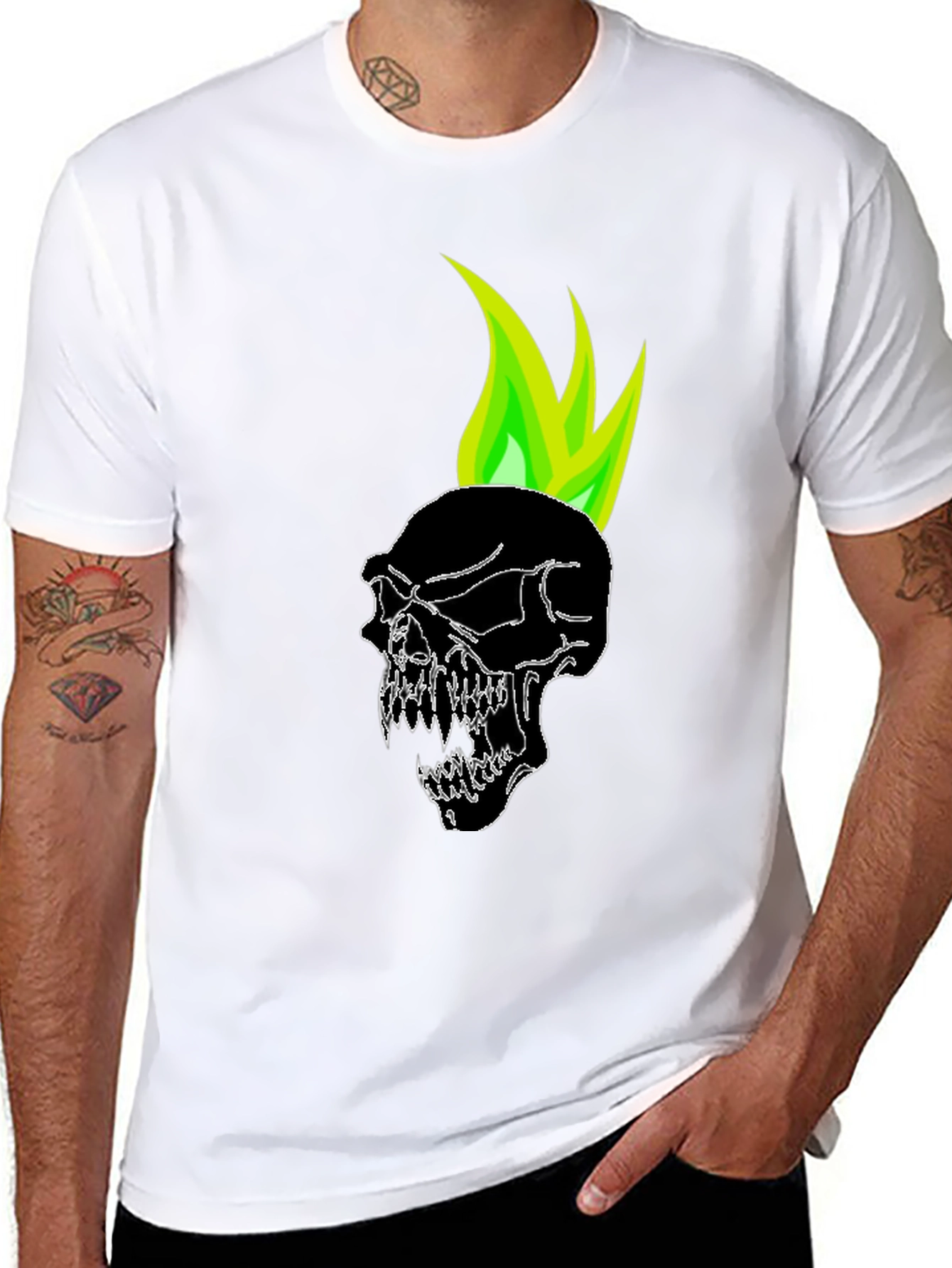 Black Skull with Green Flame Graphic Tee view 8