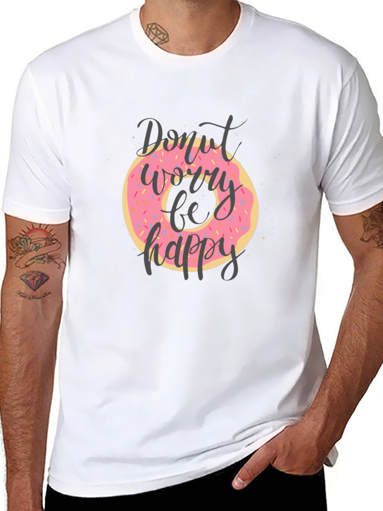 Black Donut Worry Be Happy T-Shirt - Trendy Graphic Tee view 8