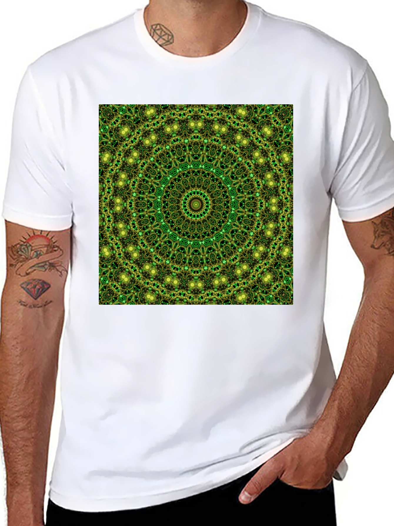 Black Green Mandala Pattern T-Shirt view 8