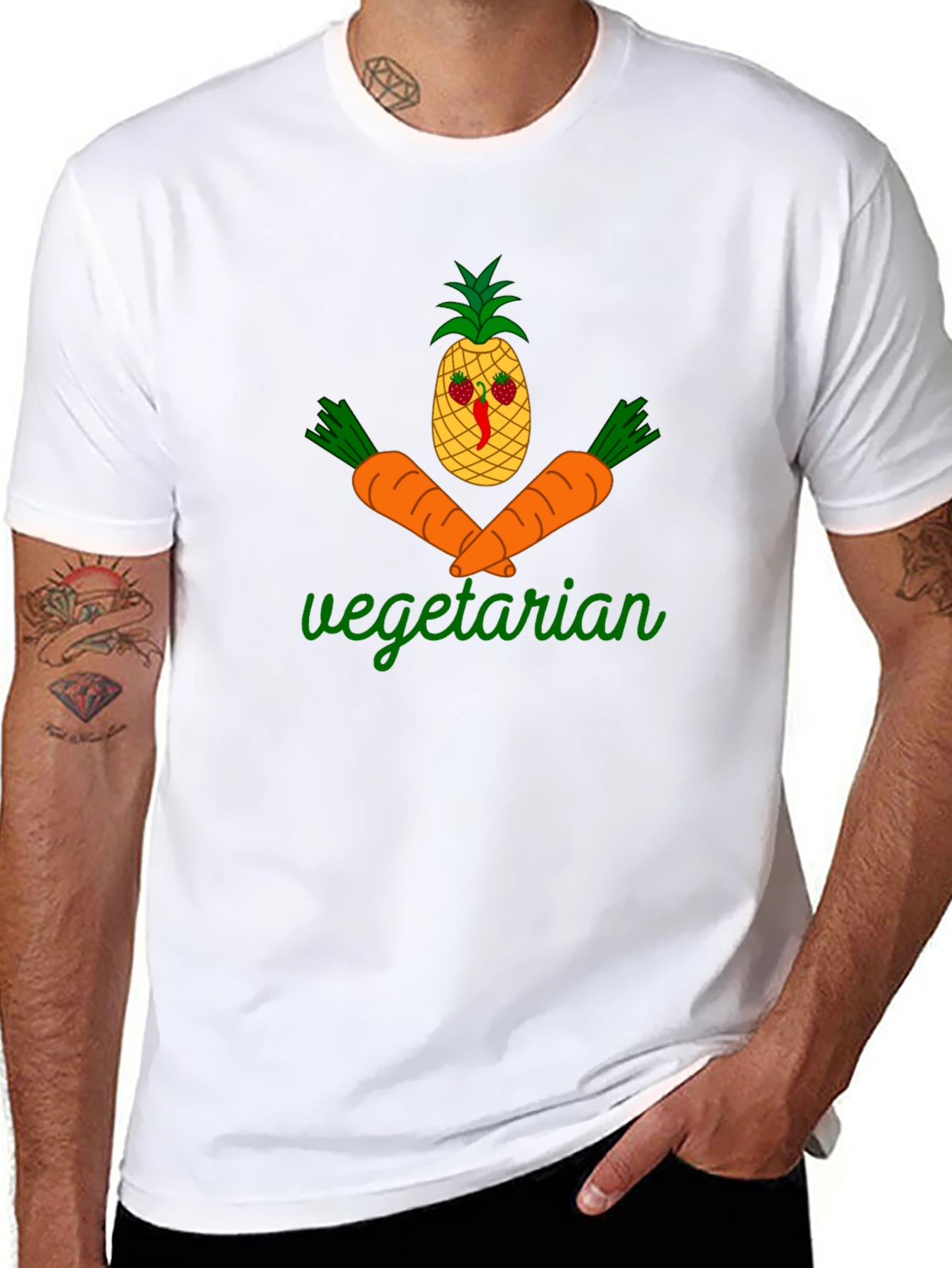 Black Vegetarian Graphic T-Shirt - Pineapple & Carrot Design view 8
