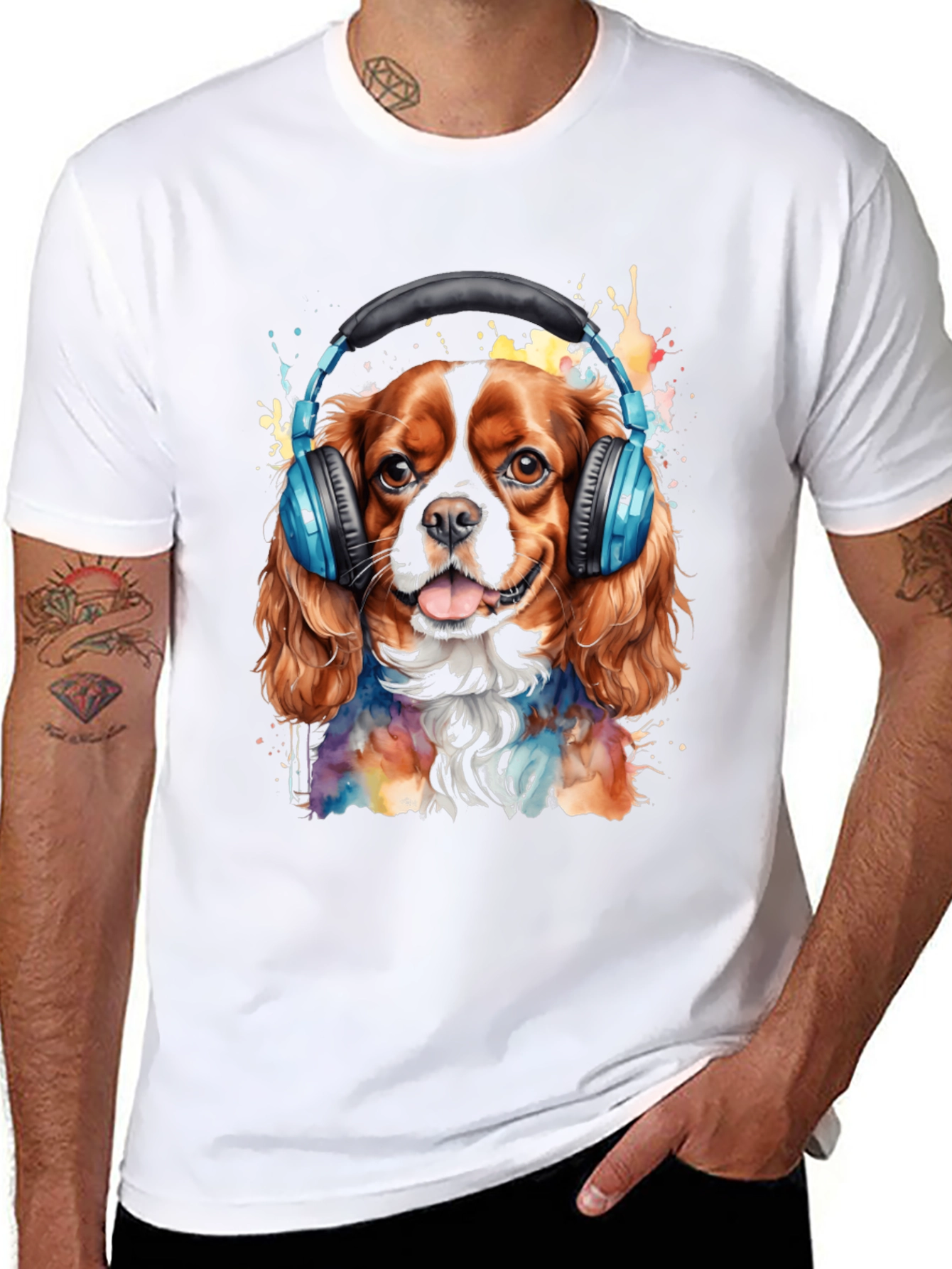 Black Dog with Headphones T-Shirt - Colorful Watercolor Design view 8