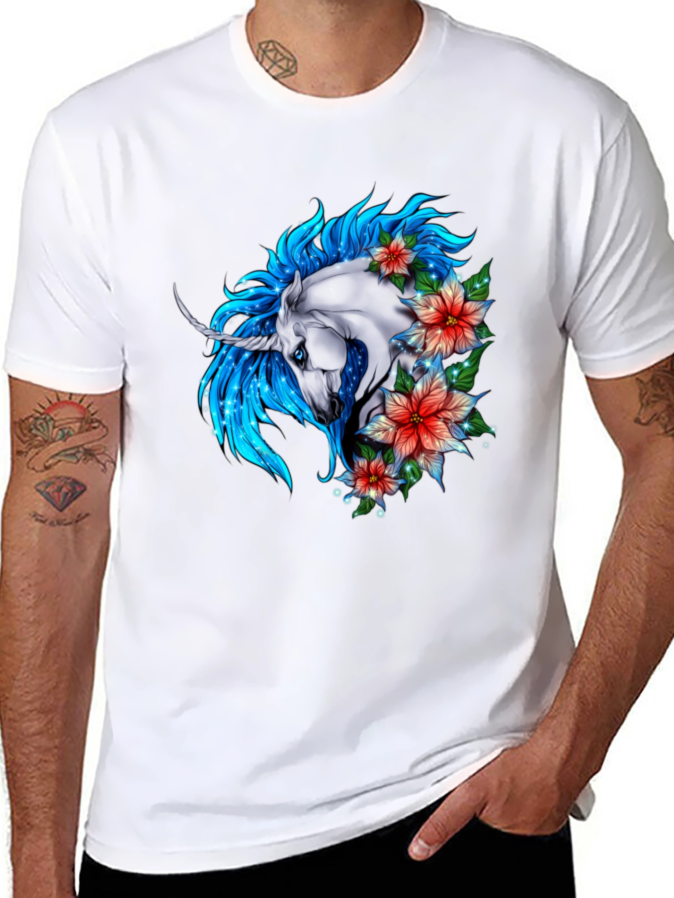 Black Unicorn Floral Graphic Tee - Stylish Men's Black T-Shirt view 8