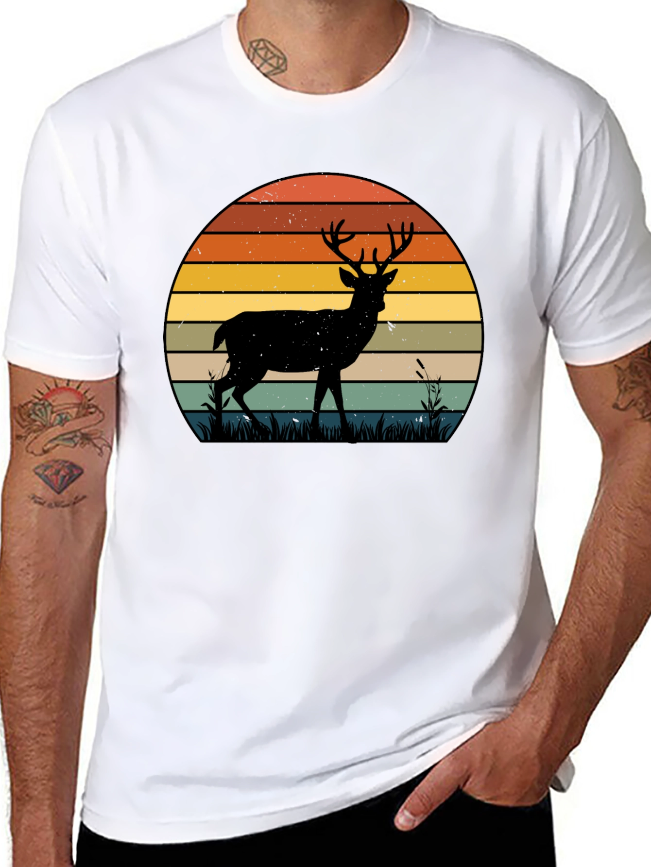 Black Retro Deer Sunset Graphic T-Shirt view 8